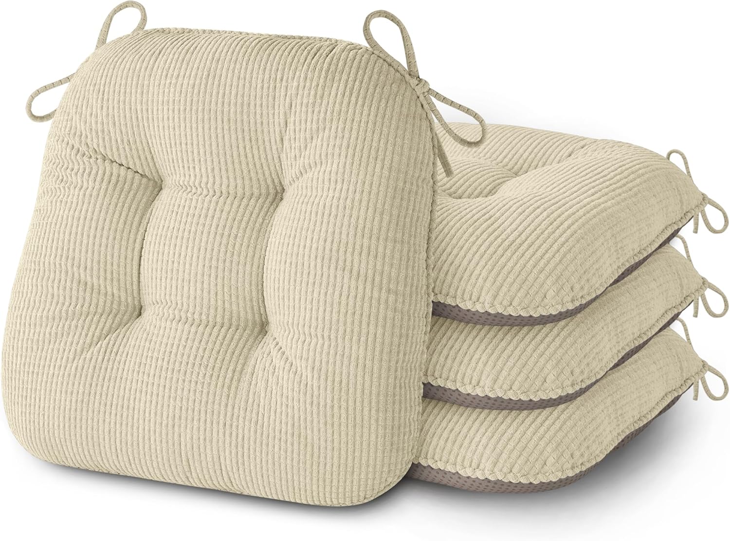 AddGrace Sitzkissen für Esszimmerstühle, 4er-Set, rutschfeste Küchensitzkissen mit Bändern, gequetschte dicke Sitzkissen für Küchen- und Esszimmermöbel, 43 x 40 x 8 cm, Beige