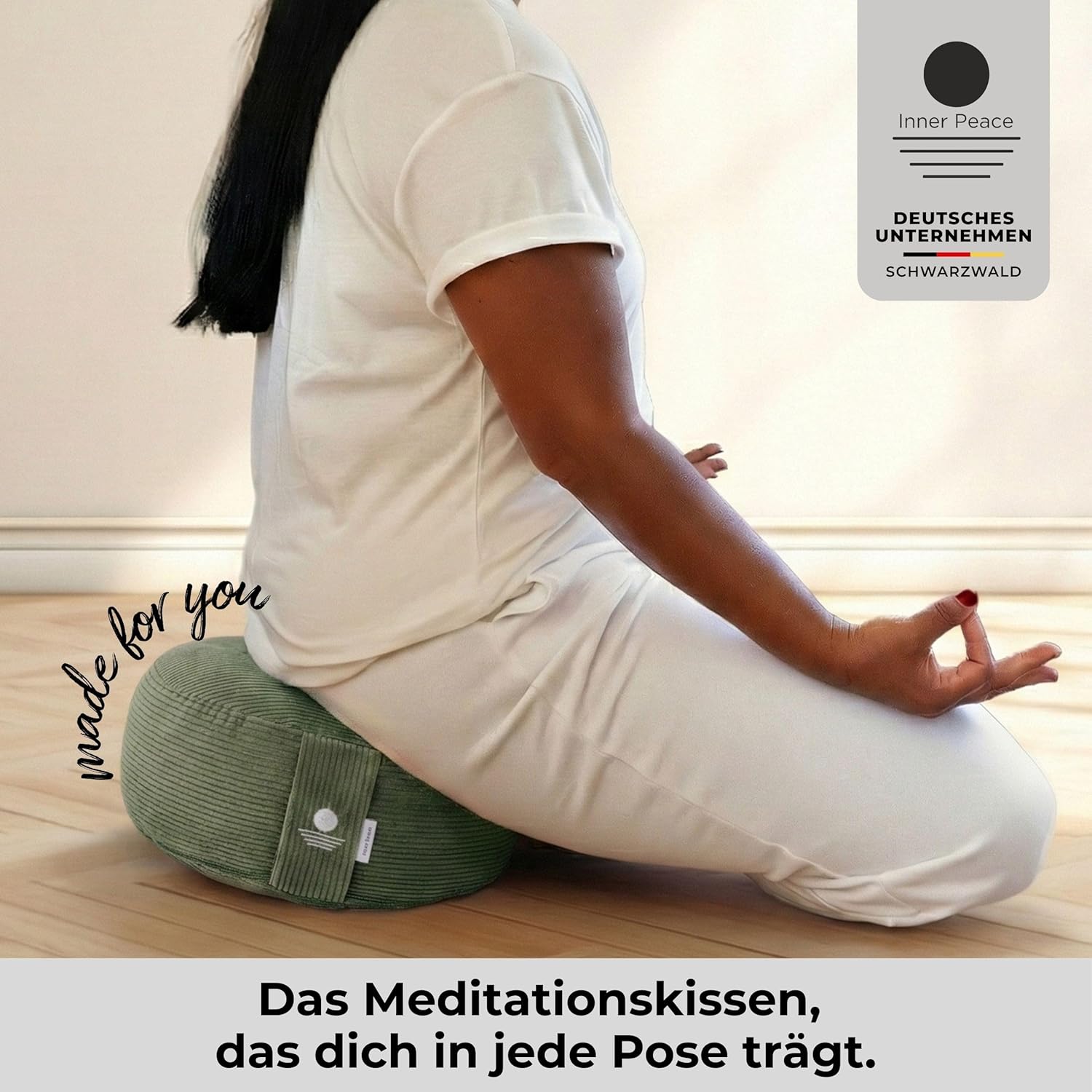 Inner Peace Yogakissen Rundschnur 33 x 16 cm XL Meditationskissen rund Bio-Baumwolle & Bio-Dinkel-Füllung Yogakissen Sitzkissen Made in Germany (Salbeigrün) – Bild 6