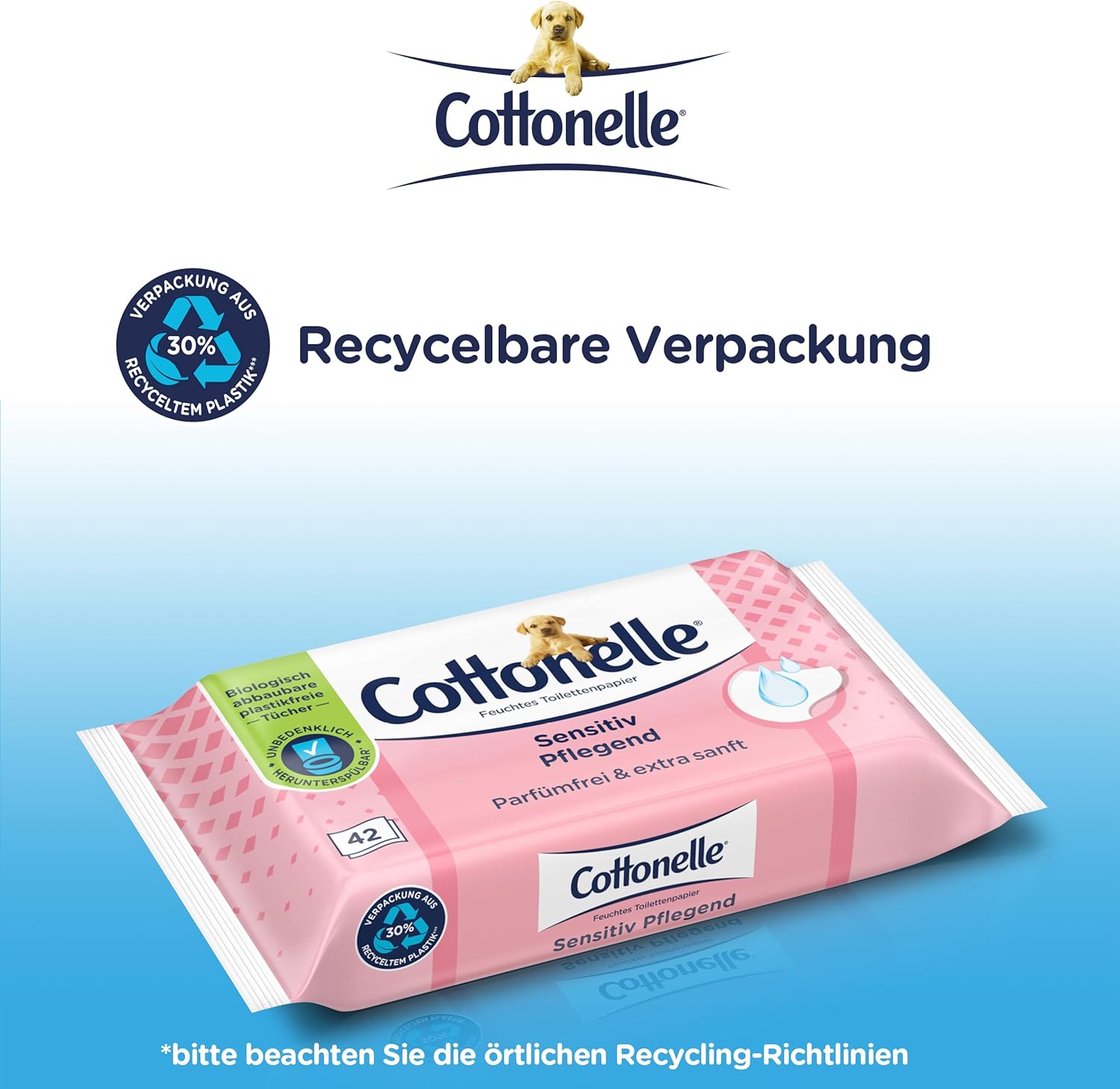 Cottonelle Feuchtes Toilettenpapier, empfindlich pflegend – parfümfrei, biologisch abbaubar, plastikfrei, wiederverschließbar, Vorteilspackung, 12 x 42 Feuchttücher – Bild 5