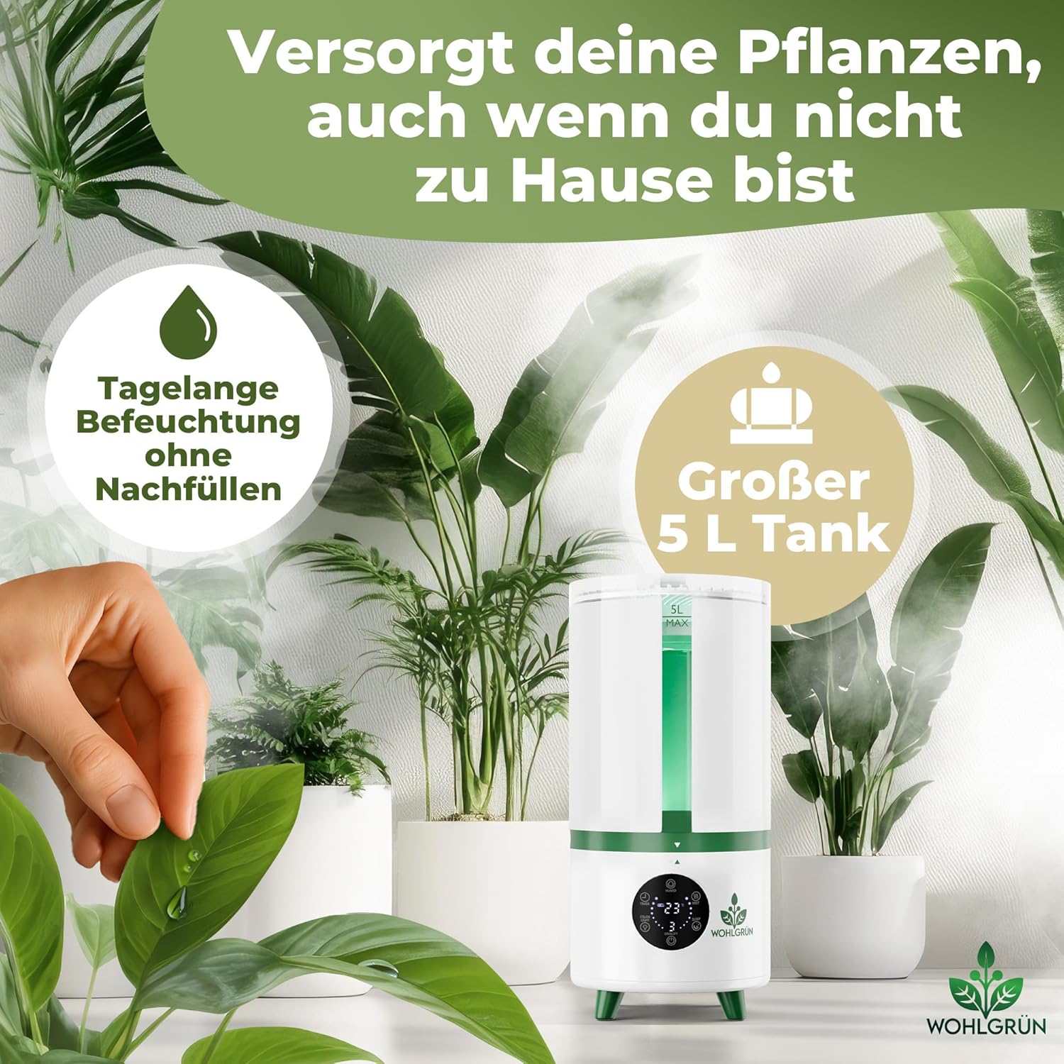 WOHLGRÜN TAU360 Luftbefeuchter 5L – Ultraschall-Luftbefeuchter für Pflanzen & Schlafzimmer, leiser Raumbefeuchter, Hygrometer-Sensor, Wachstumszelt, bis zu 30 m² – Bild 4