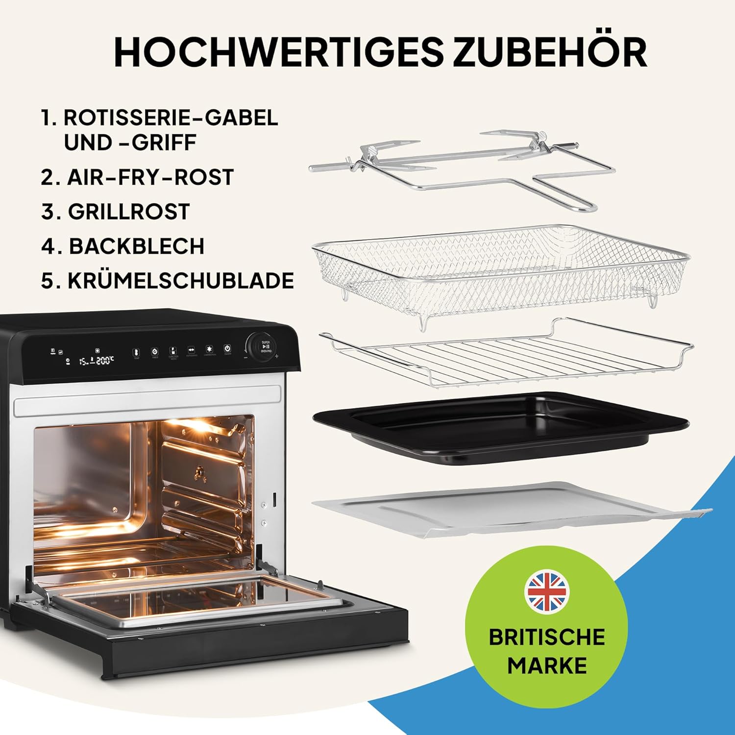 Fridja F77 30L Super Oven Pro – Premium-Digital-LED-Heißluftfritteuse – 18 intelligente Programme, Rotisserie-Funktion, leicht zu reinigen, schnell, leistungsstark und vielseitig, Innenraum aus Edelstahl – Bild 3