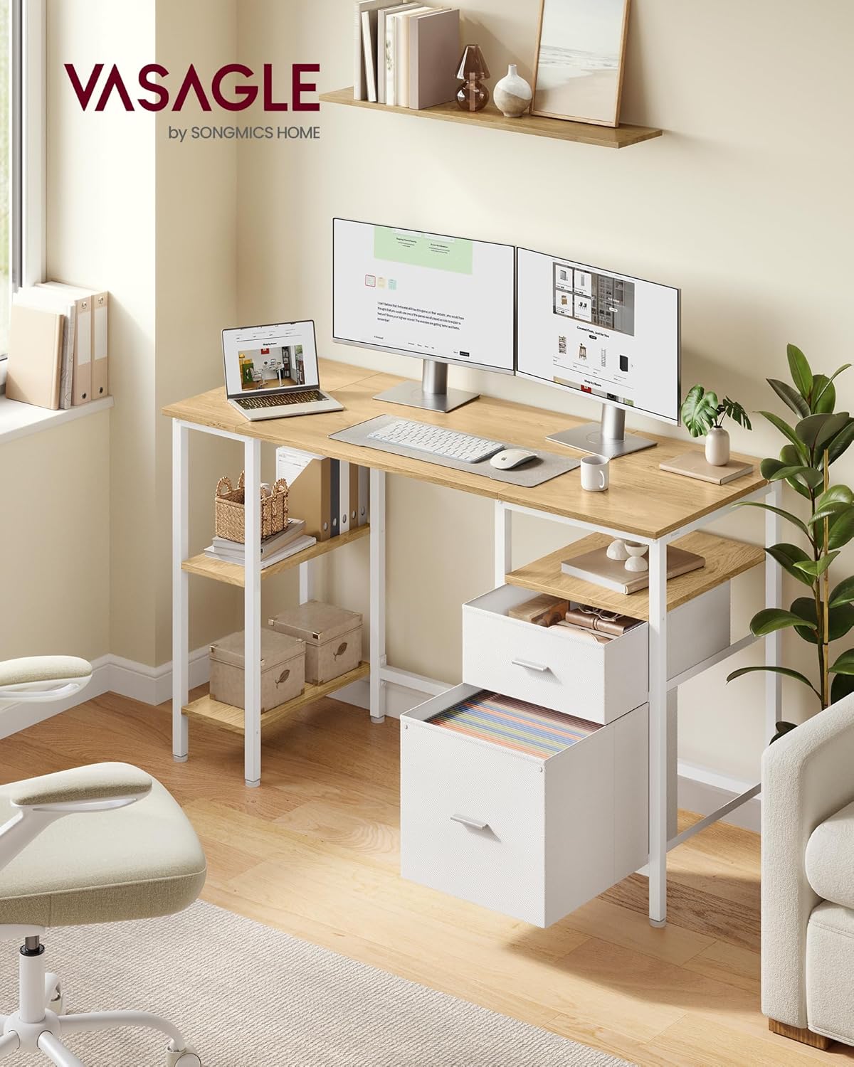 VASAGLE Computertisch, Bürotisch, Schreibtisch mit 3 Ablagen, 2 Schubladen, 127 x 50 x 76 cm, Büro, Wohnzimmer, moderner Stil, natürliche Eiche, mattweiß, LWD103YD01 – Bild 2