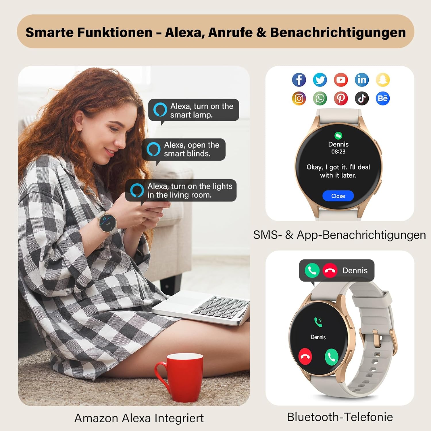 Smartwatch Damen Gold mit Telefonfunktion, 1,32" AMOLED Display Elegant, Fitness Uhr mit Alexa & GPS, SpO2/Puls/Zyklustracking, 5ATM Wasserdicht, Schrittzähler Uhr für Android iOS – Bild 6