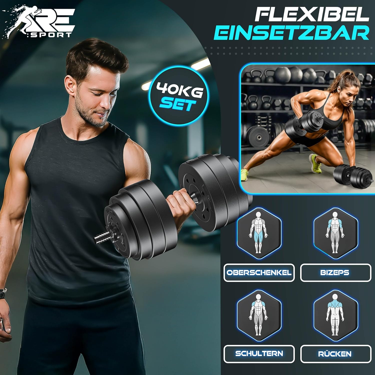 RE:SPORT 2er-Set verstellbare Kurzhanteln 15/20/30/40 kg | Hantelset mit 2 Hanteln | Hantel mit Gewichten und 4 Spinlock-Kragen | Fitness-Hantel für Muskelaufbau, Training und Zuhause – Bild 6