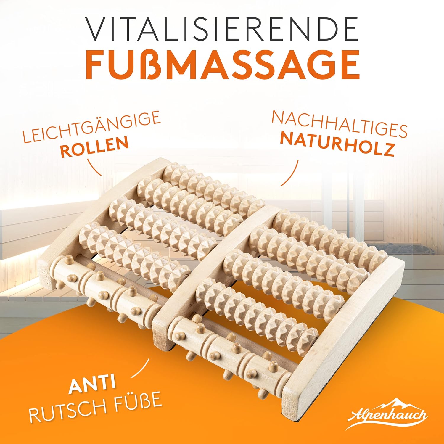 ALPENHAUCH – Fußmassageroller aus Echtholz mit Akupressurmatte – revitalisierendes Fußmassagegerät mit Noppen – stimulierender Fußmassageroller – Fußmassage bei Fersensporn und Plantarfasziitis – Bild 2