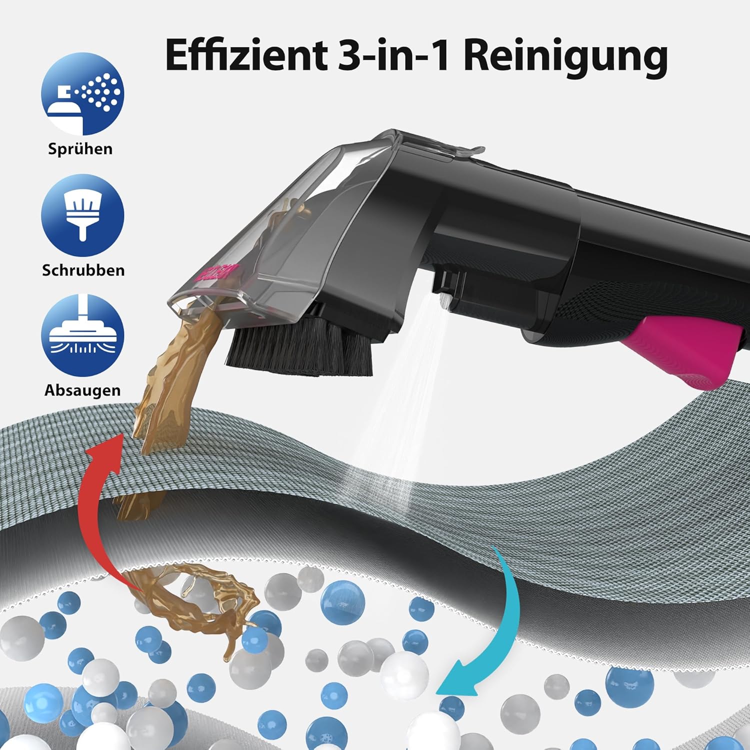WECLEAN Staubsauger für Teppiche und Polster, tragbarer Nass- und Trockensauger mit 350-W-Motor und 2-Tank-System, ideal für Auto, Couch und hartnäckige Flecken, Schwarz und Rosa – Bild 4