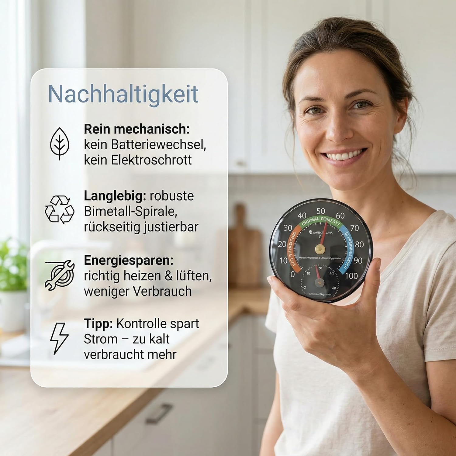 Lantelme Kombi-Thermometer, Hygrometer, Temperatur -5 bis + 45 °C und Luftfeuchtigkeit 0 % – 100 % relativ, analog, präzise Anzeigen für Schimmelschutz, Raumklima und Heizkosten im Innenbereich – Bild 5