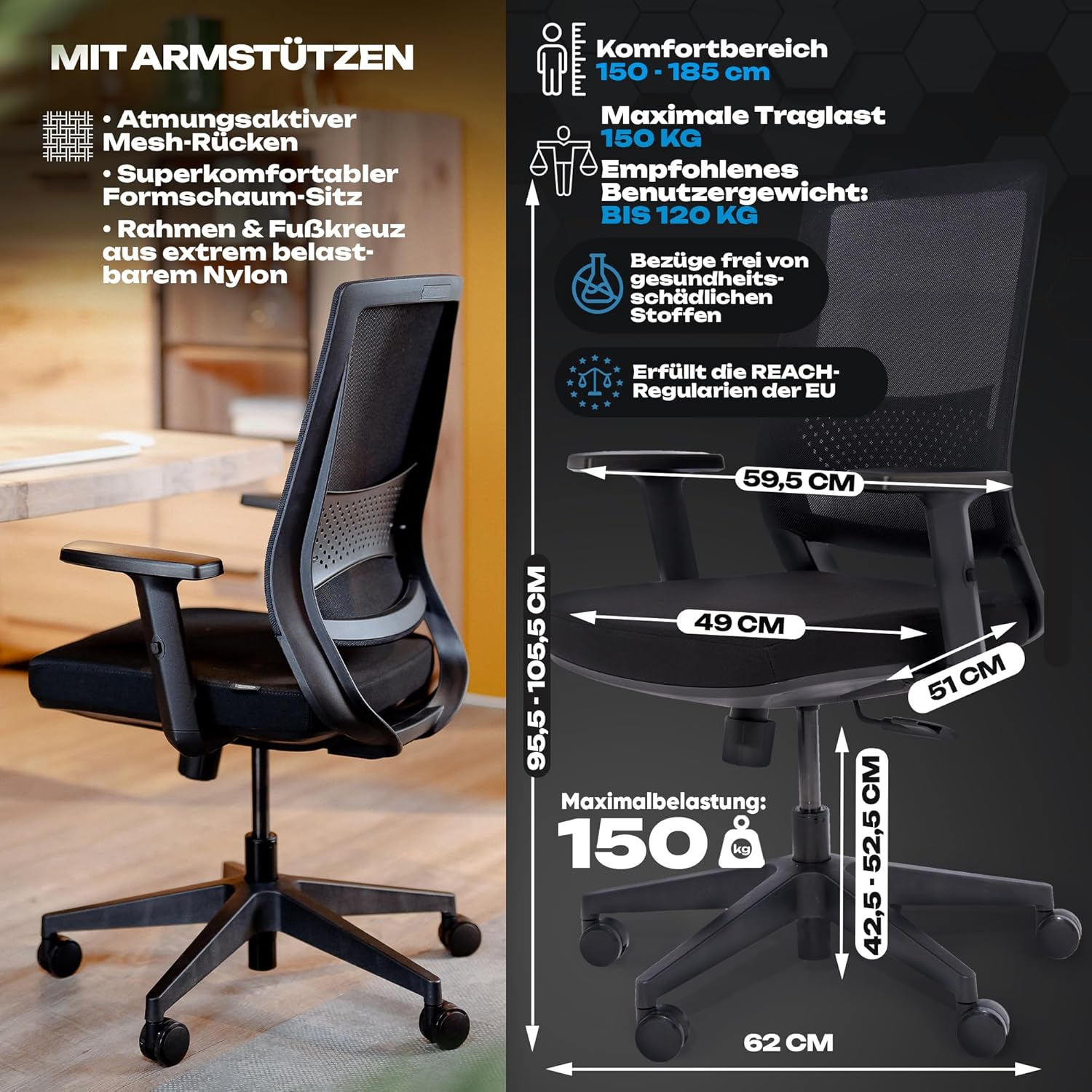VALKENSTOL M2 Bürostuhl, ergonomischer Testsieger, verstellbar für maximale Bewegungsfreiheit, rückenschonende Bürostühle, Lordosenstütze, Schreibtischstuhl für Büro und Home-Office-Stuhl – Bild 5