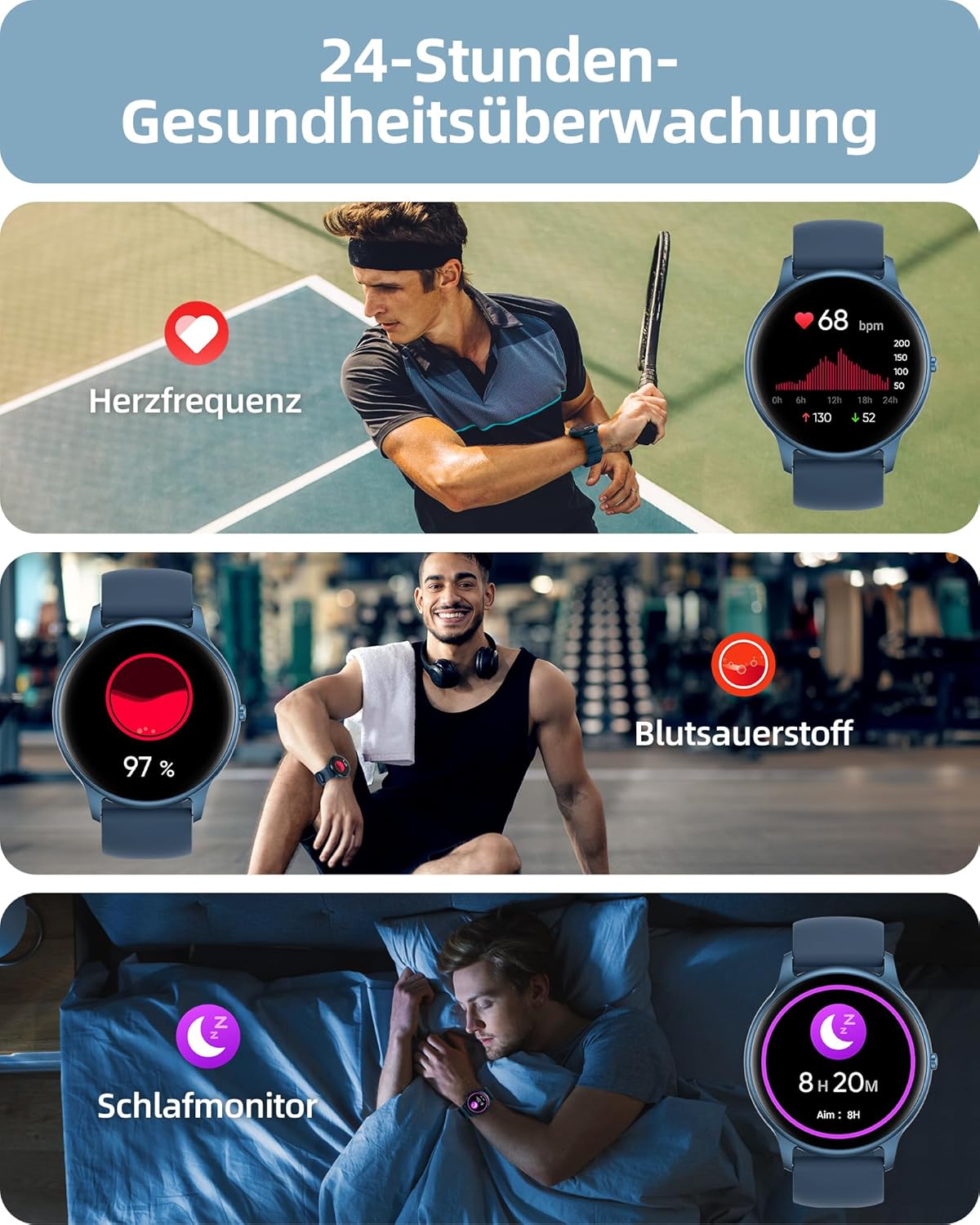 Parsonver SPROD1 Herren Runde Smartwatch mit Telefonfunktion, Fitnessuhr Damen Herren mit 100+ Sportmodi, Herzfrequenz-Schlafmonitor, Schrittzähleruhr mit IP68 Wasserdicht, Smartwatch, Damenuhr Blau, – Bild 5