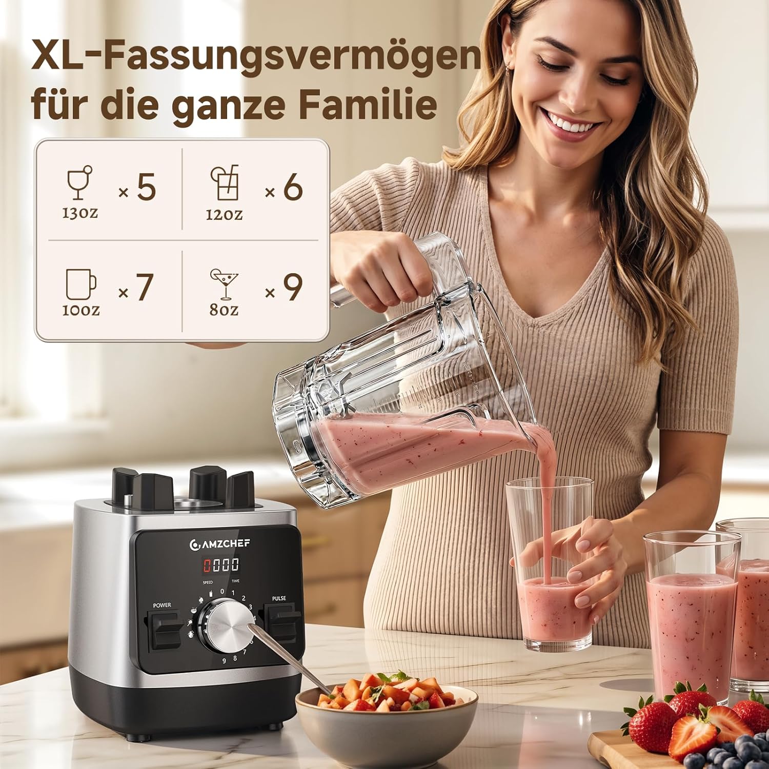 AMZCHEF Smoothie Maker 1800 W Standmixer Mixer, Hochleistungsmixer mit 2L Tritan-Behälter (BPA-frei), 6 Edelstahlklingen, Mixer für Smoothies, Shakes & Proteinshakes, selbstreinigend – Bild 5
