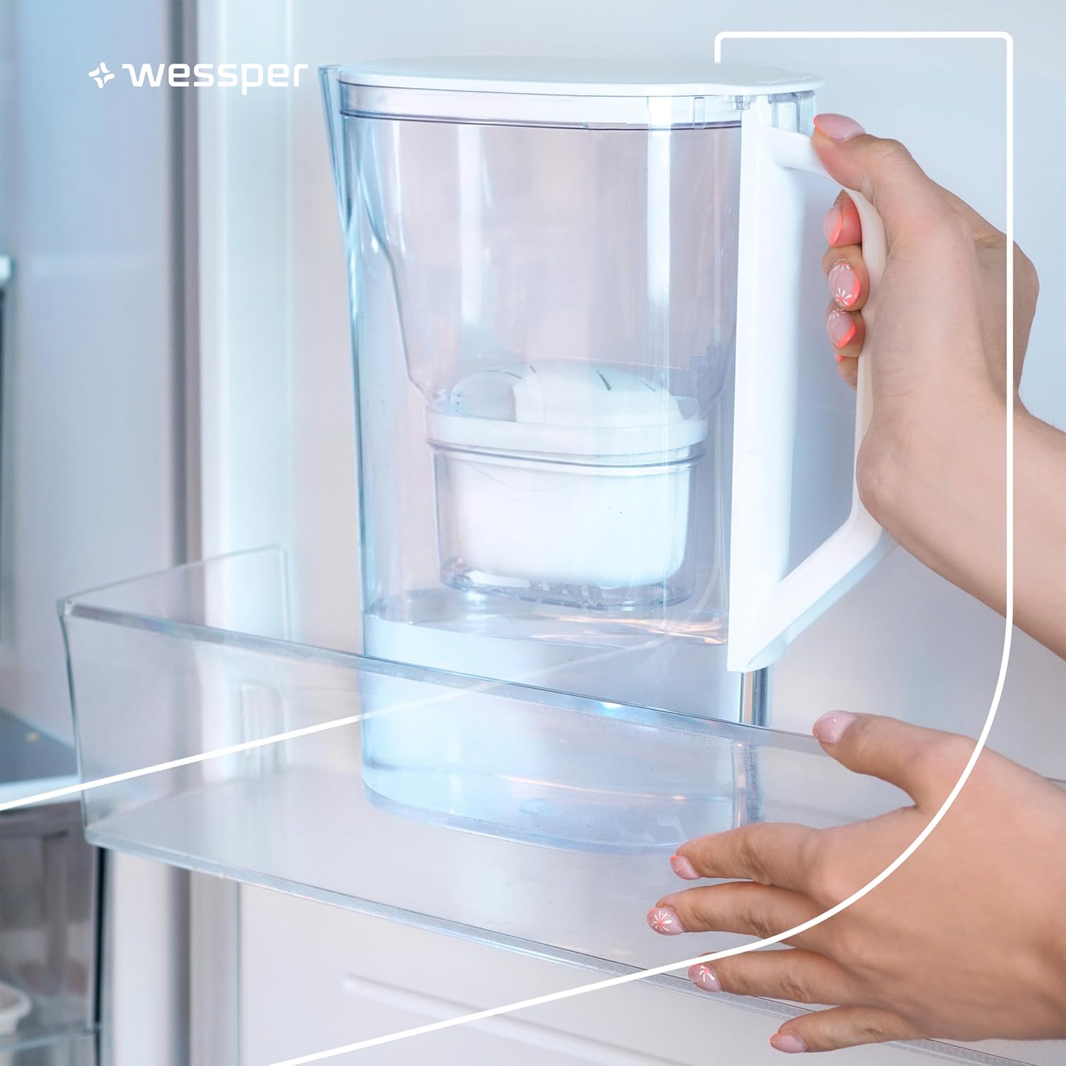 Wessper Wasserfilterkanne mit Filter, Kühlschranktürkanne 2,7 Liter, Filterkartuschen mit Aktivkohle und Ionenaustauschharz, Set Kanne und 6 Wasserfilter, Weiß – Bild 11