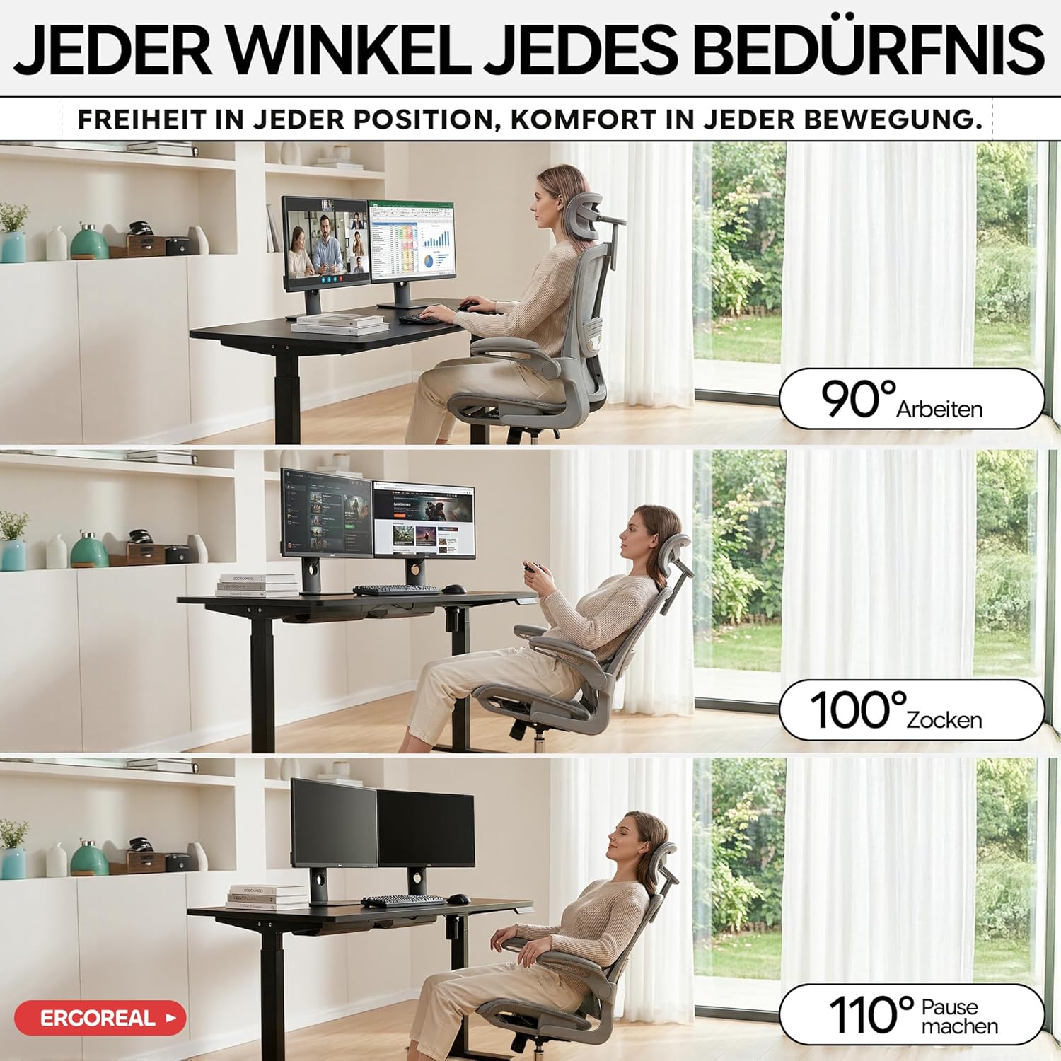 Ergonomischer Bürostuhl mit 150 kg Tragkraft, verstellbaren Armlehnen, dynamischer Lordosenstütze, Wippfunktion – Büro- & Gamingstuhl für Home Office, atmungsaktives Netz, Grau – Bild 7