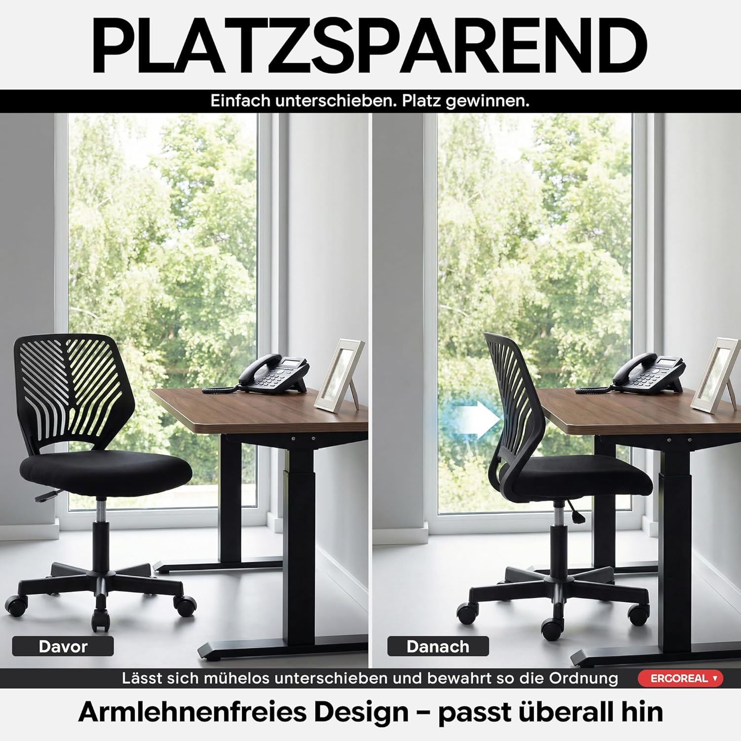 Ergonomischer Bürostuhl ohne Armlehne, Bürostuhl mit Rollen und Höhenverstellung, gemütlicher Bürostuhl mit ergonomischer Rückenlehne, Heimbüro/Arbeitszimmer/Arbeitszimmer (Tiefschwarz) – Bild 6