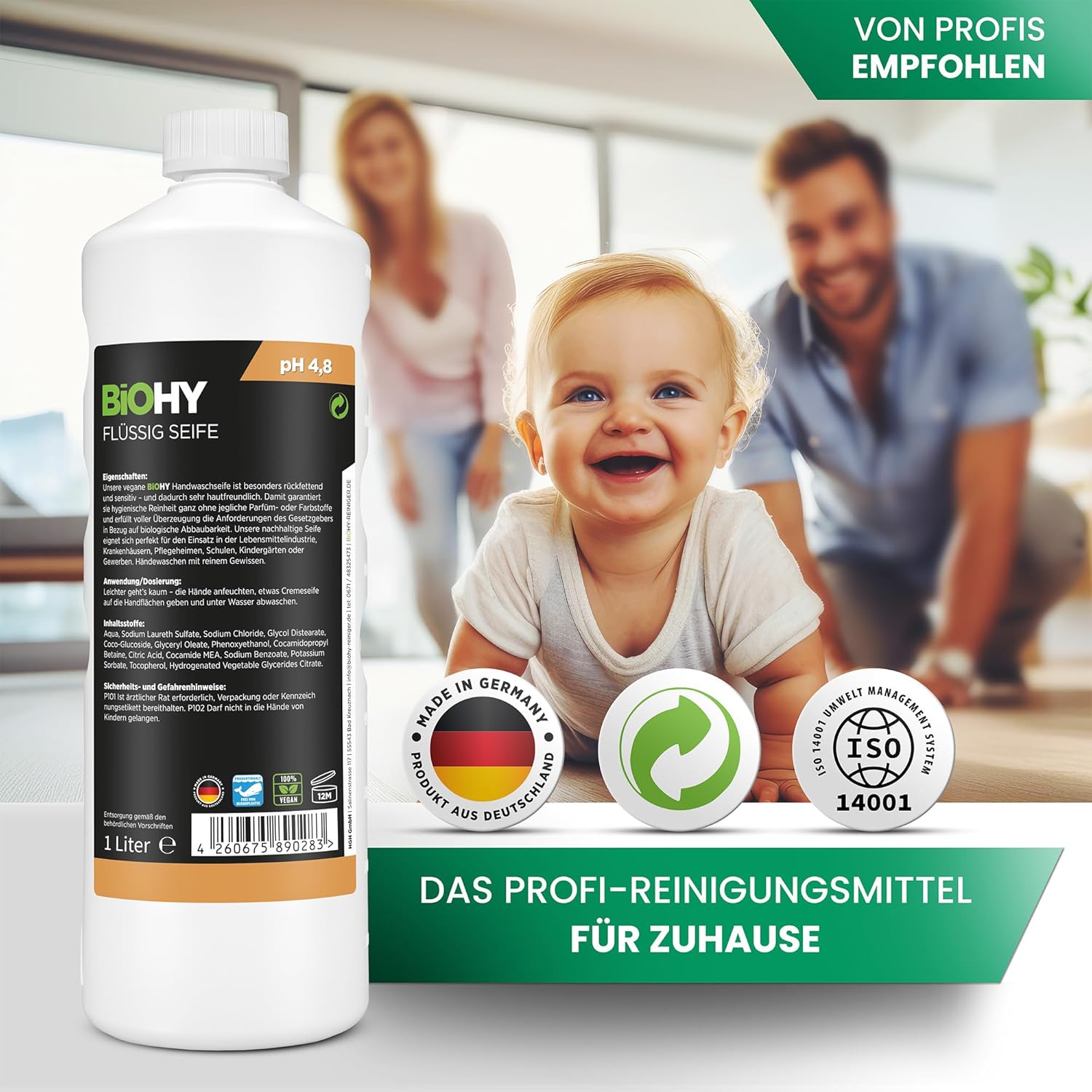 BiOHY Flüssigseife (3 x 1 Liter), hautfreundliche, rückfettende Handseife, phosphatfrei, geruchlos für Küche, Gastronomie und Sanitärbereiche, ohne Parfüm und Farbstoffe – Bild 5