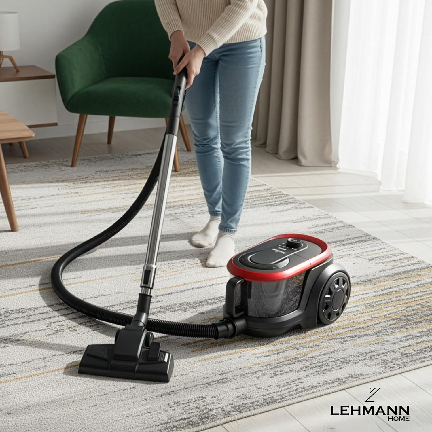 LEHMANN Cyclone Beutelloser Staubsauger, leistungsstark, doppelter HEPA-Filter für Allergiker, 2,5 L Staubbehälter, kompakt, Bodenstaubsauger für Teppich & Hartböden, inklusive Aufsatzset, schwarz/rot – Bild 2