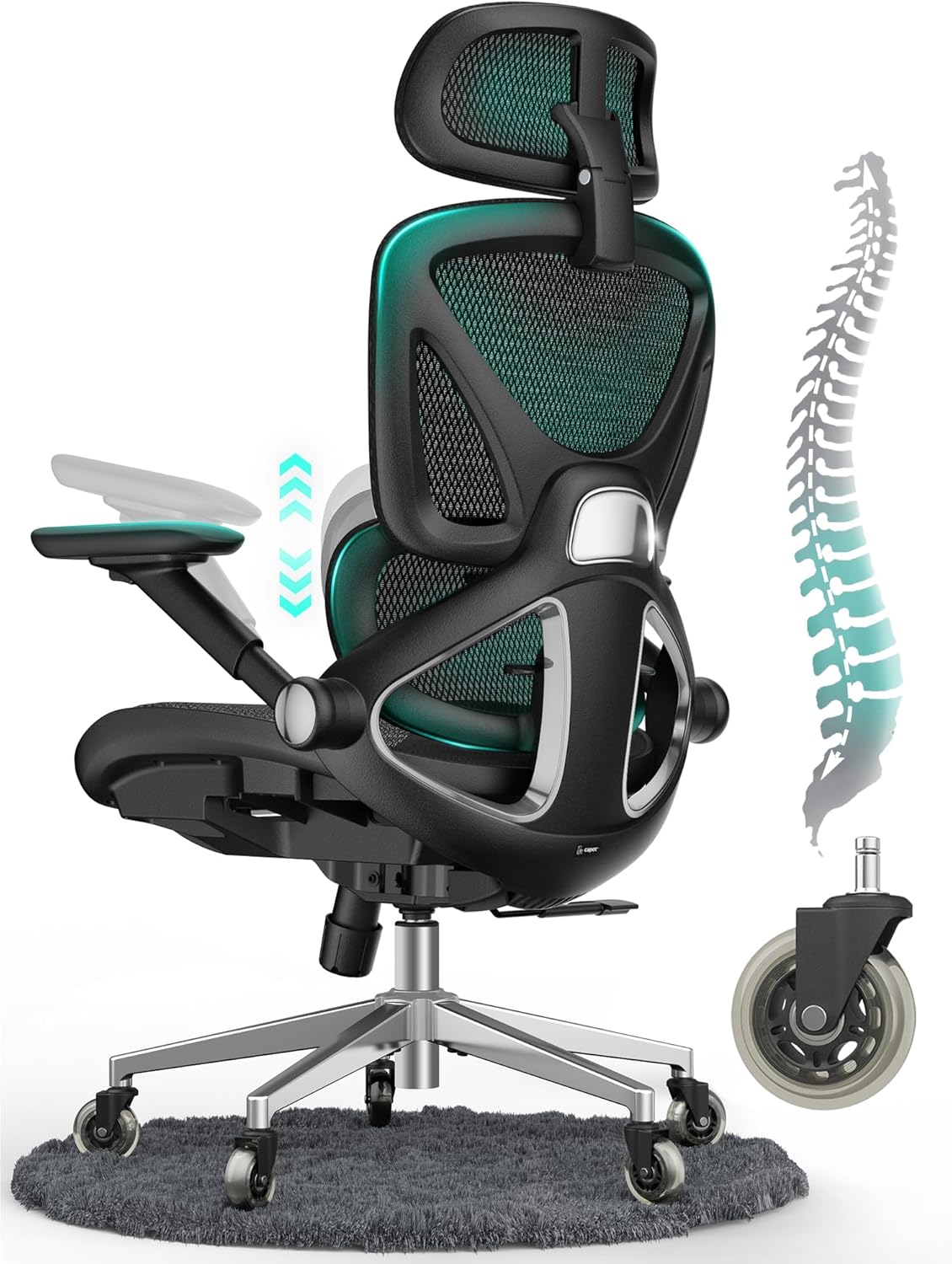 CAPOT Ergonomischer Bürostuhl aus Netzstoff, verstellbarer Schreibtischstuhl mit hoher Rückenlehne, 180 kg, 4D-Klapparme, 3-stufige neigbare Rückenlehne, 3D-Kopfstütze, PU-Räder, drehbarer Computerstuhl für