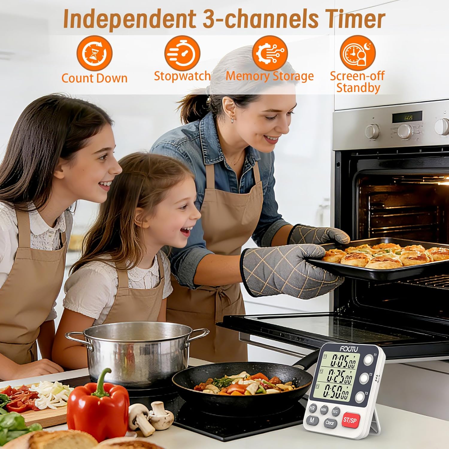 Digitaler Dual-Küchentimer, 3 Kanäle, Count-Up/Down-Timer, Kochtimer, großes Display, lauter Lautstärkealarm und Blinklicht mit magnetischer Rückseite, Ständer (weiß) – Bild 2