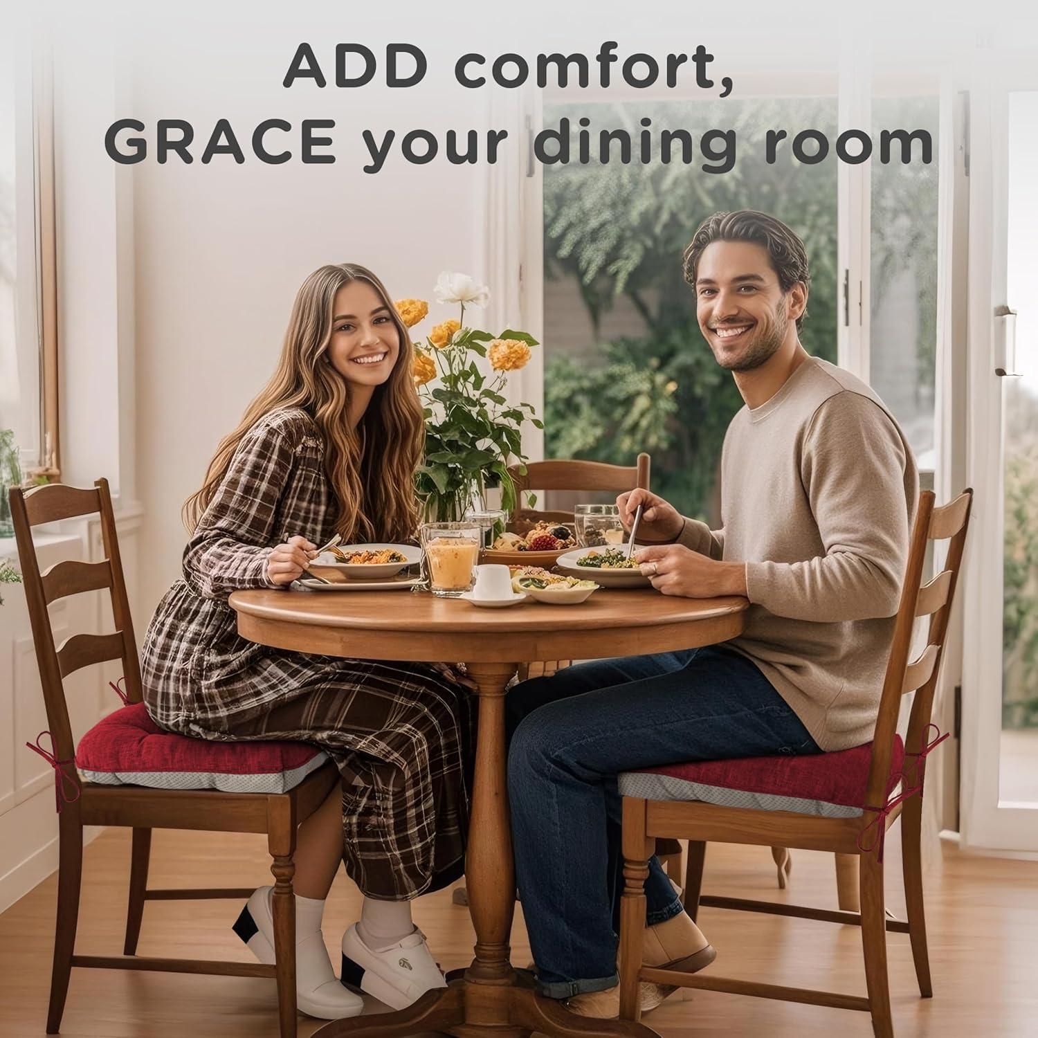 AddGrace 4er Set Sitzkissen 40 x 40 cm, weiche Stuhlkissen mit 10 cm, hochwertige Polsterung für Innenbereich, Küche oder Esszimmer, Rot – Bild 7