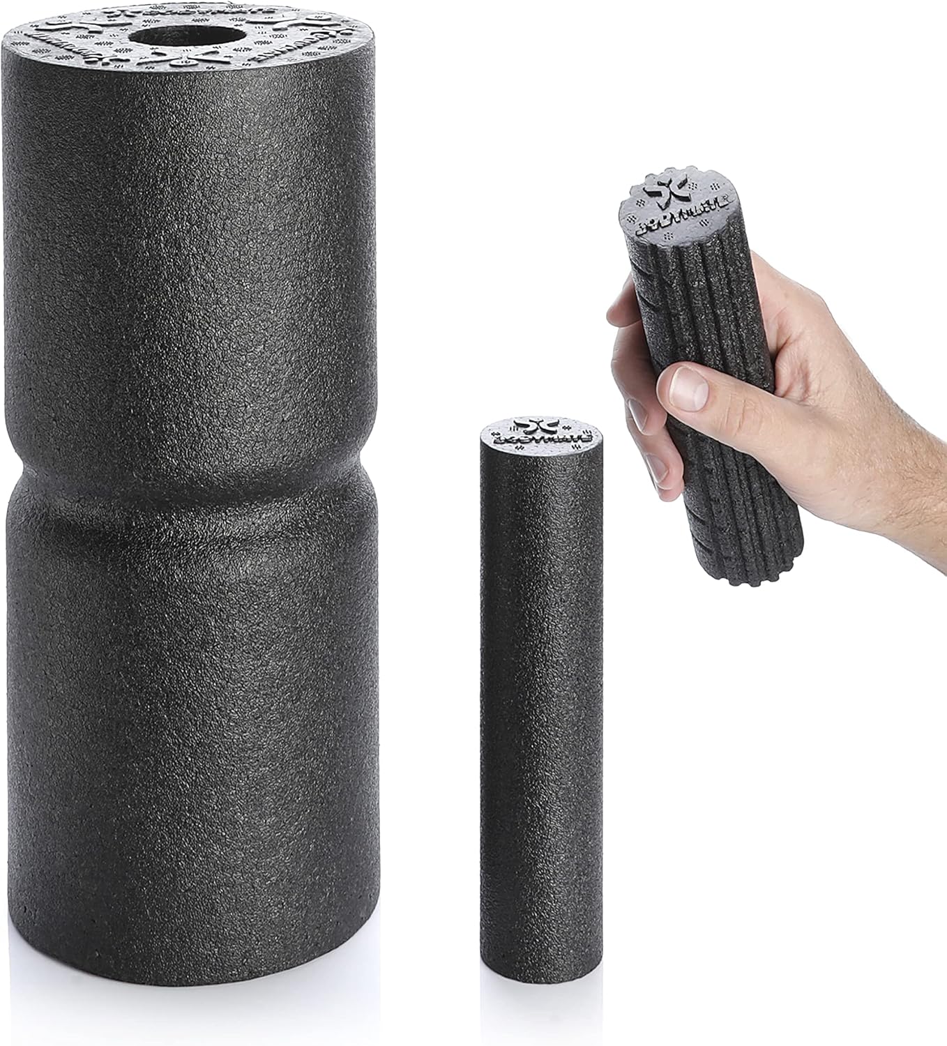 BODYMATE Care mit Core-Faszien-Set bestehend aus Faszien-Pflegerolle 35 x 14 cm mittelhart mit umlaufender Rille, zwei kleinen Rädchen mit glatter und genoppter Oberfläche 20 x 4,5 cm schwarz mit E-Book – Bild 2