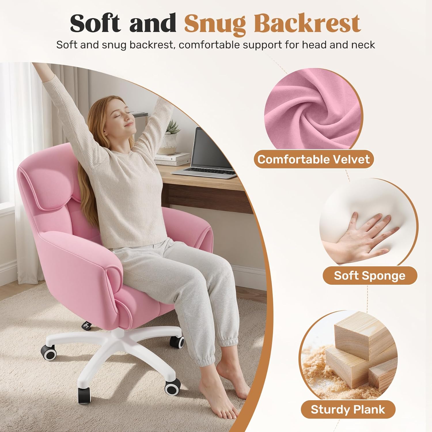 Ergonomischer Bürostuhl, höhenverstellbarer Schreibtischstuhl mit Armlehnen, 360° drehbar, Samtbezug, für Home Office und Büro, belastbar bis 150 kg, Pink – Bild 4