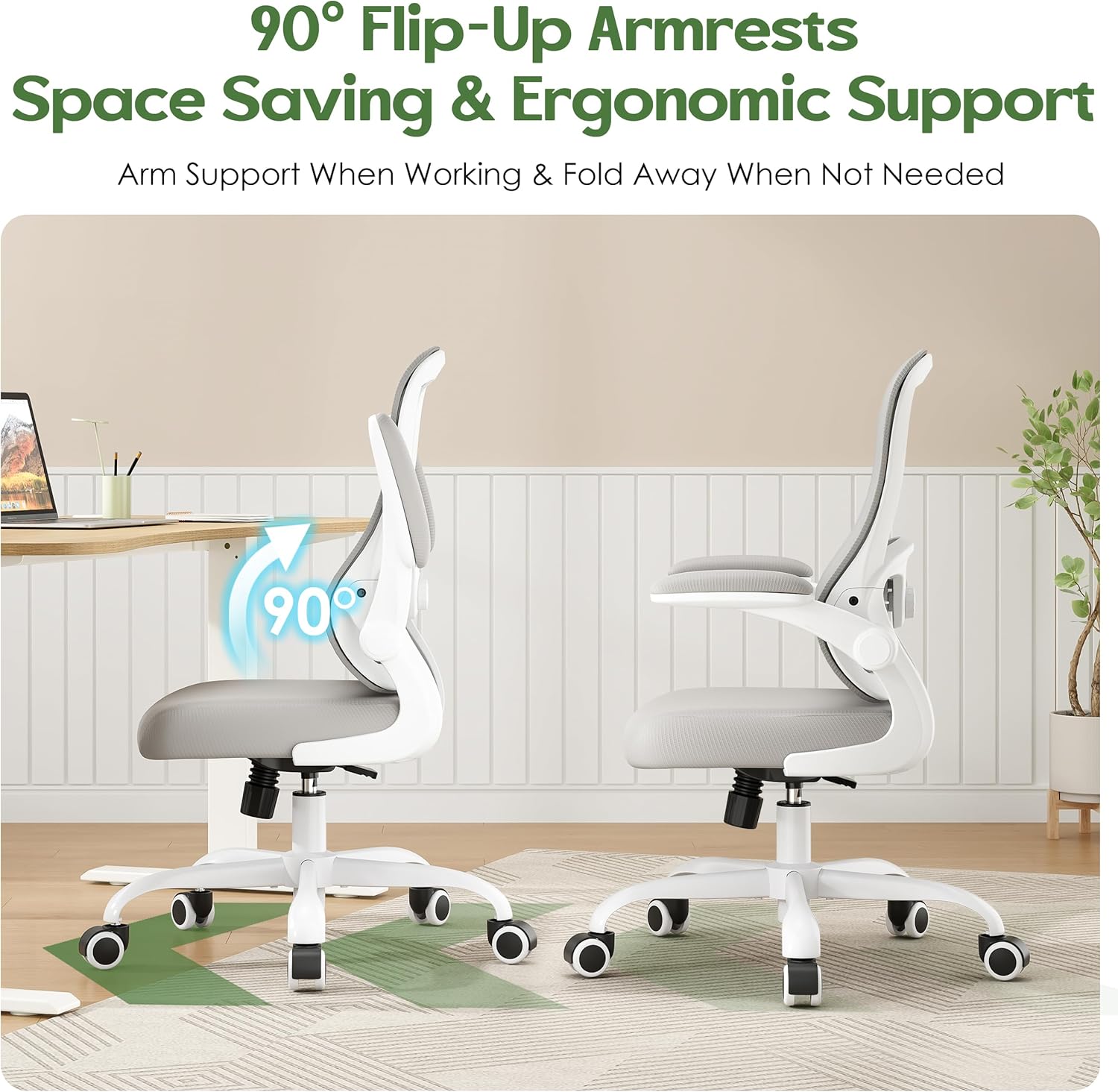 Farini Ergonomischer Roll-Computerstuhl aus Netzstoff mit verstellbarer Lendenwirbelstütze und aufklappbaren Armlehnen – Chefschreibtischstuhl, drehbarer Bürostuhl für das Heimbüro – Bild 8