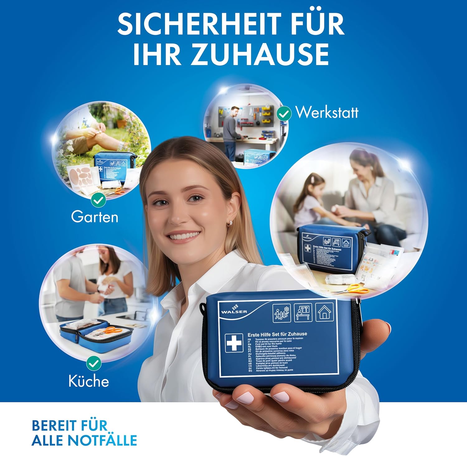 WALSER Premium Mini Erste-Hilfe-Set für zu Hause, wasserdichte Erste-Hilfe-Tasche 2026, handliches Notfallset mit 107 Teilen, kompaktes Erste-Hilfe-Set, Reiseapotheken-Set, Mini-Erste-Hilfe-Set, blau – Bild 2