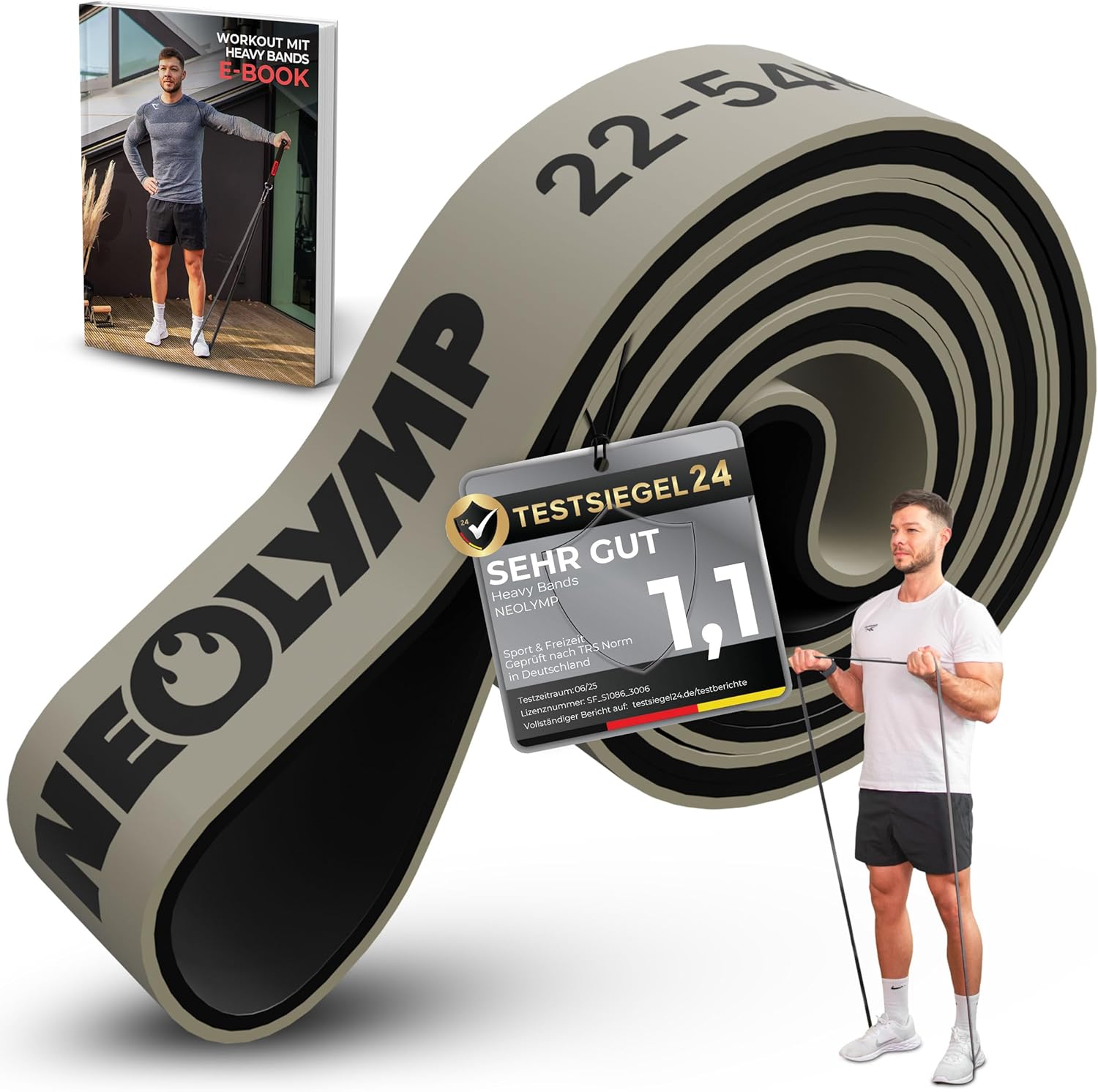NEOLYMP Widerstandsbänder aus doppelt beschichtetem Naturlatex mit Fitness-E-Book – lange Fitnessbänder für Krafttraining, Widerstandsbänder, Klimmzugbänder