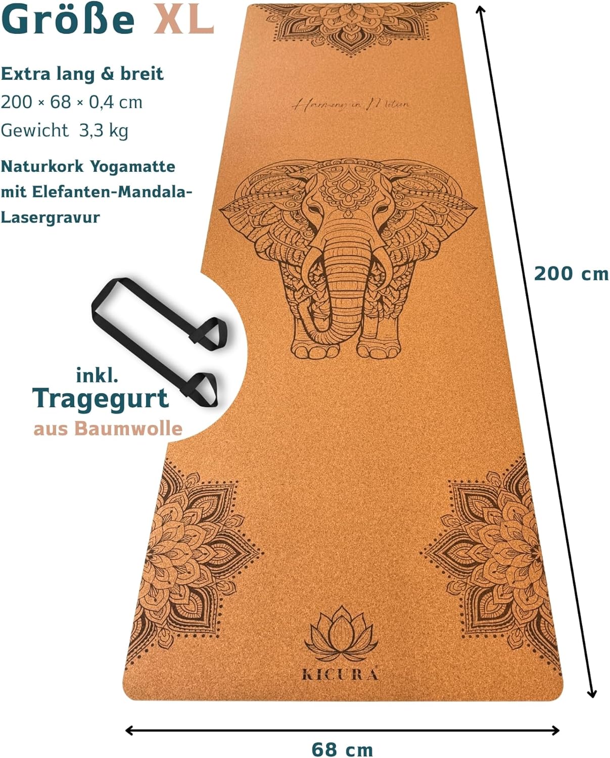 Yoga-Matte aus Kork & Naturkautschuk mit Elefanten-Mandala – rutschfeste Premium-Matte, 4 mm dick, mit Tragegurt, in 3 Größen – Bild 2
