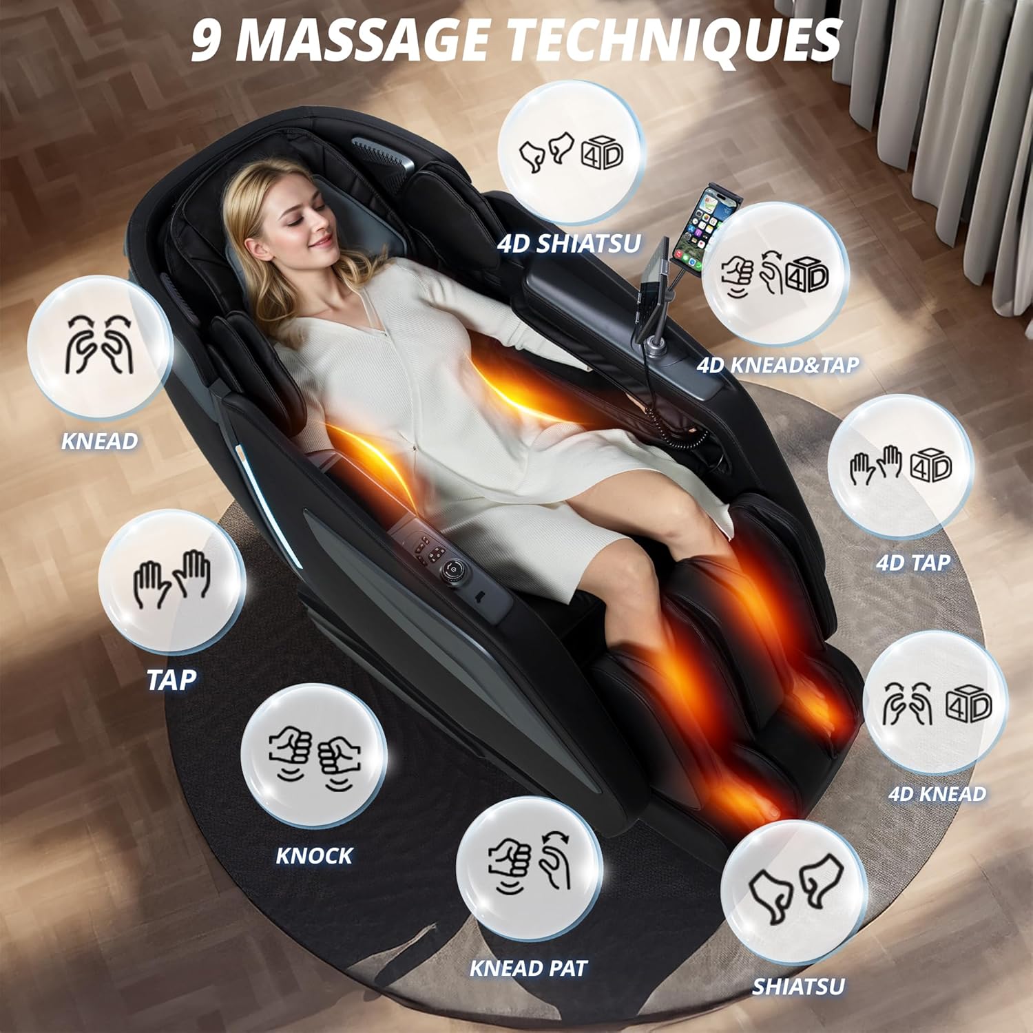 HealthRelife Ganzkörper-Massagestuhl mit Bodyscan 4D-Roboterhänden, intelligenter Shiatsu-Massage-Sitzbezug mit Sprachfunktion, Rückenheizung (schwarz) – Bild 3