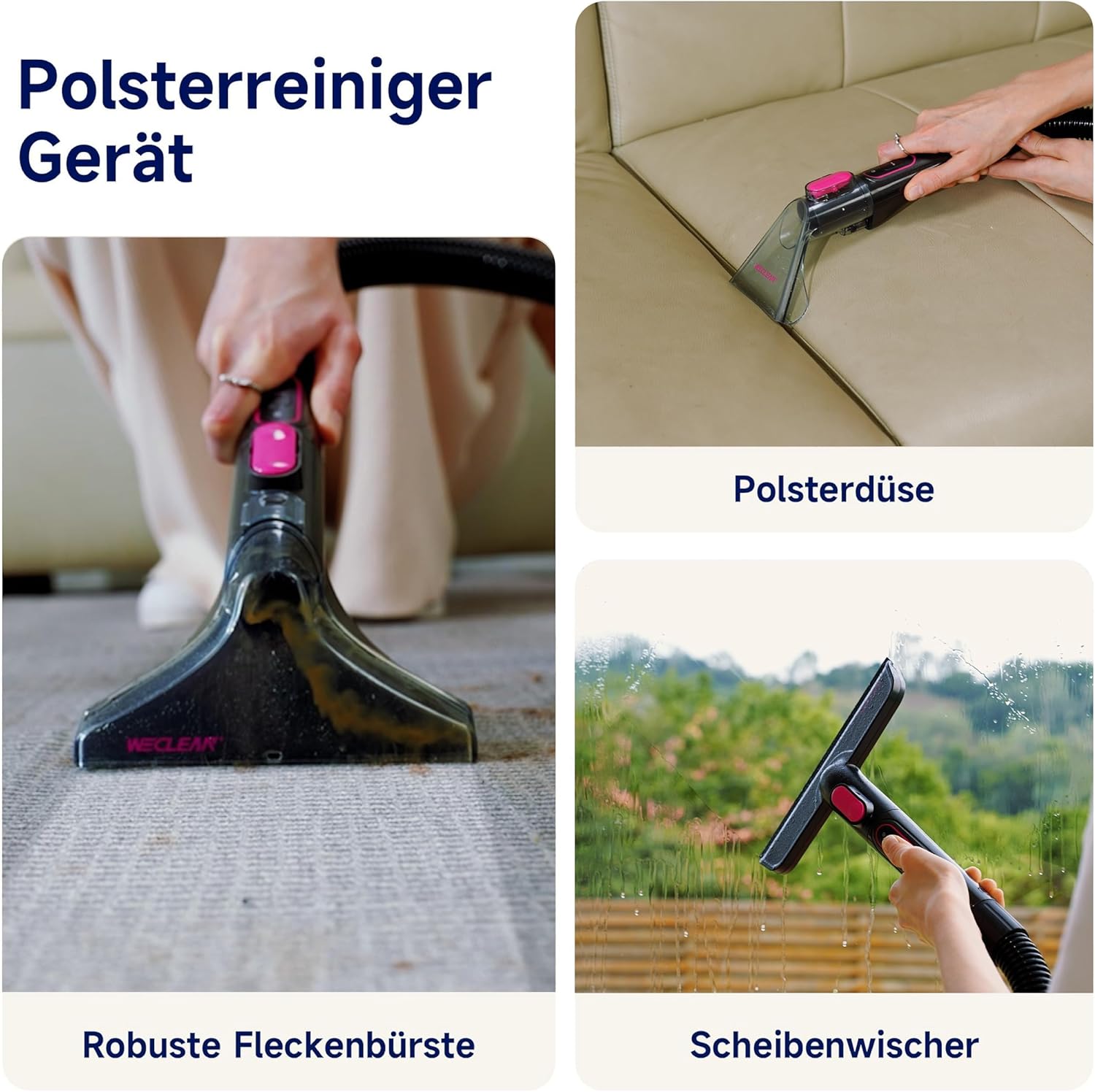 WECLEAN C3 Nasssauger Polsterreiniger Gerät Fleckenreiniger für Teppiche, Sofas, Treppen, Fenster, Spiegel, Polster, Autos, 600 Watt, 15 KPa, Schwarz/Rosa – Bild 3