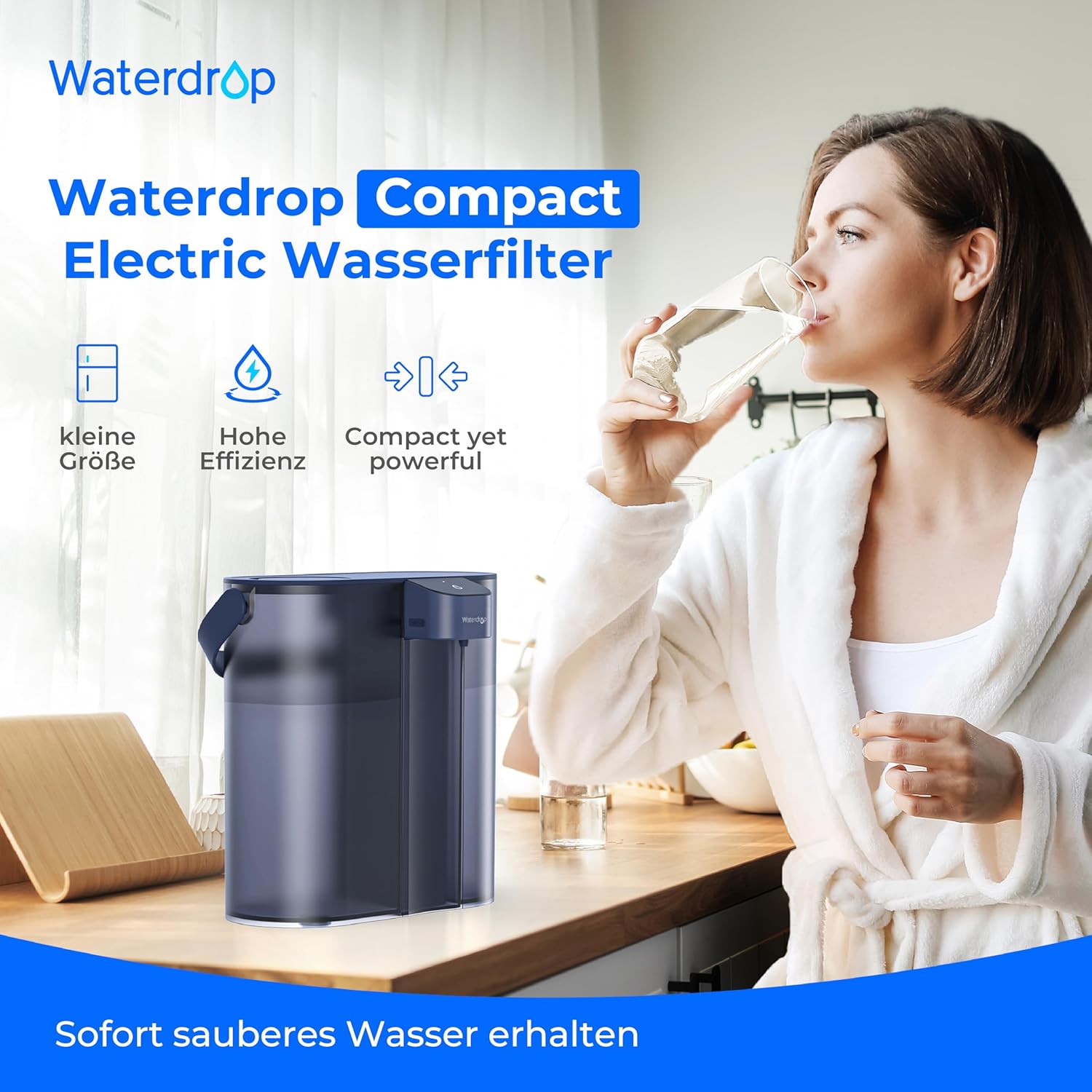 Waterdrop Kompakter sofortiger elektrischer Wasserfilterkrug mit 3-Monats-Filter, Wasserfilterkrüge für die Arbeitsplatte, reduziert Chlor, Blei, Quecksilber, PFAS, PFOA/PFOS, 757 Liter, blau – Bild 2