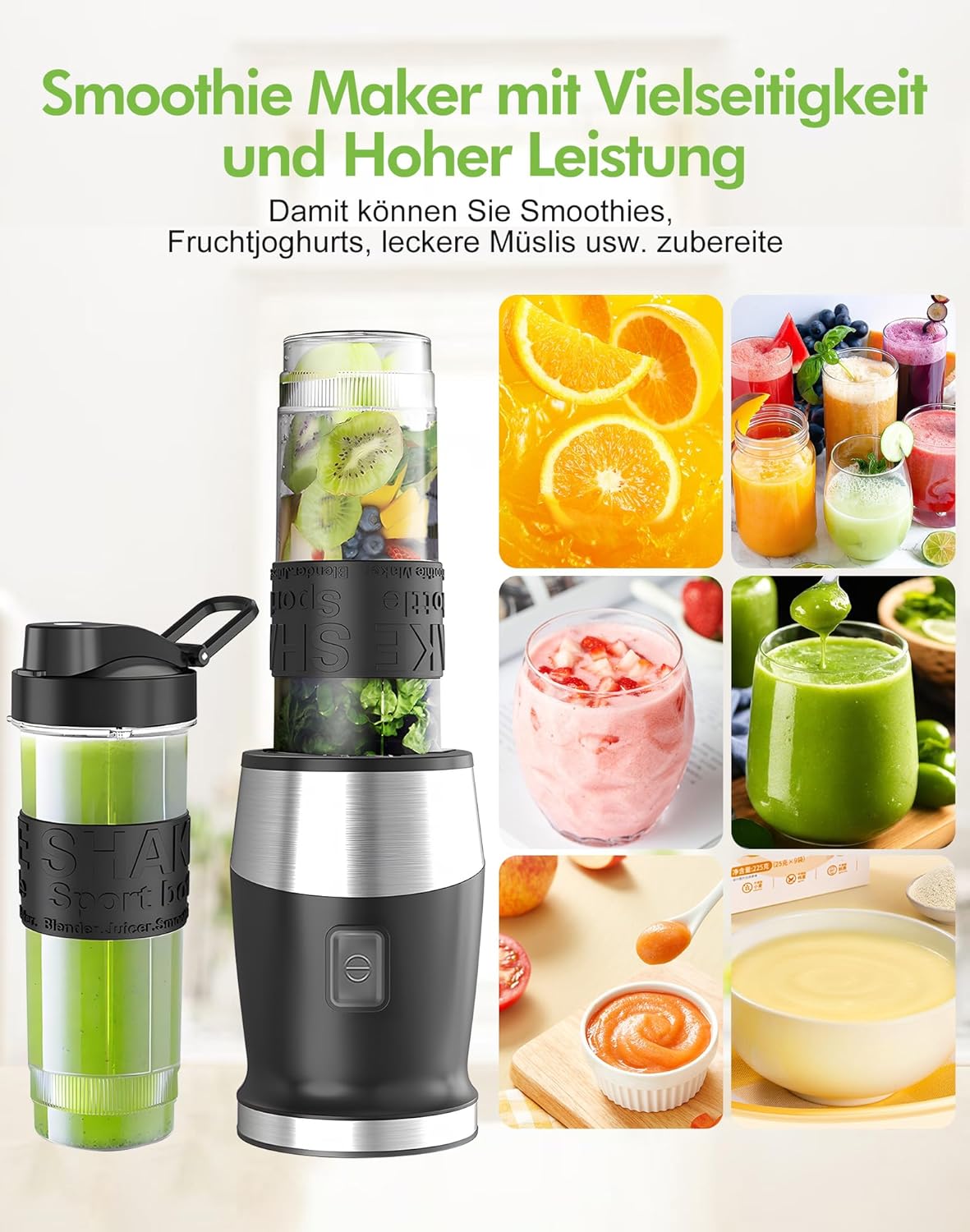 Mixer, 500 W Smoothie Maker, Standmixer & Mixer Smoothie Maker mit 2 x 570 ml Smoothie-Flaschen, BPA-freies Tritan, tragbarer Mixer aus Edelstahl, 4 Klingen für Shake und Smoothie – Bild 2