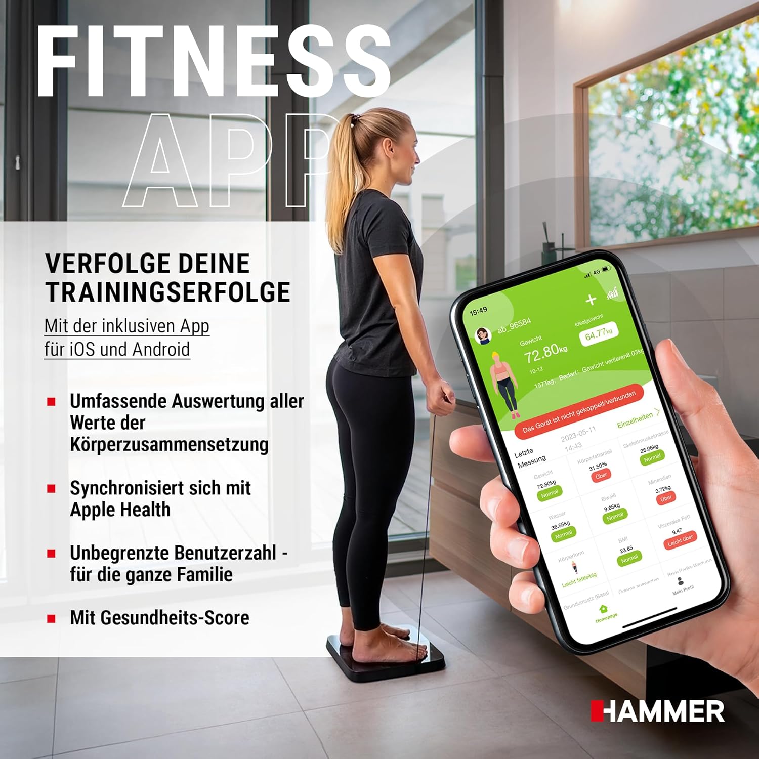 HAMMER Körperanalysewaage Body Screen TX in Schwarz – Körperwaage mit 43 Gesundheitsdaten, Körperfettwaage mit 8 Sensoren, innovative, segmentale Körperanalyse, Waage mit App und Bluetooth – Bild 5