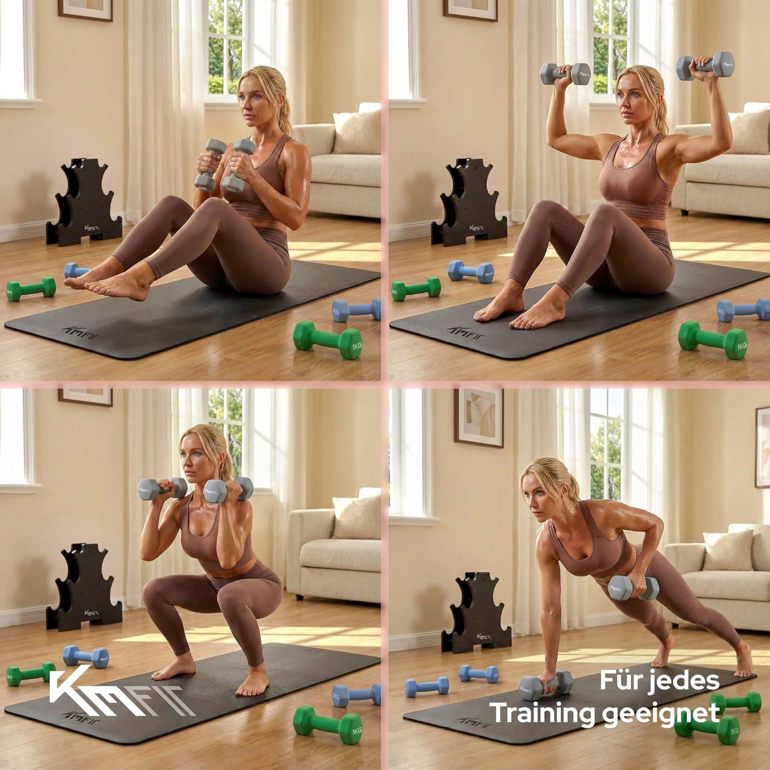 KM-Fit Hantelset 18 kg mit Ständer, Neoprenhanteln 1-5 kg, Gusseisen, ergonomischer Griff, rollsicheres Fitness- & Krafttraining für das Home Gym – Bild 4