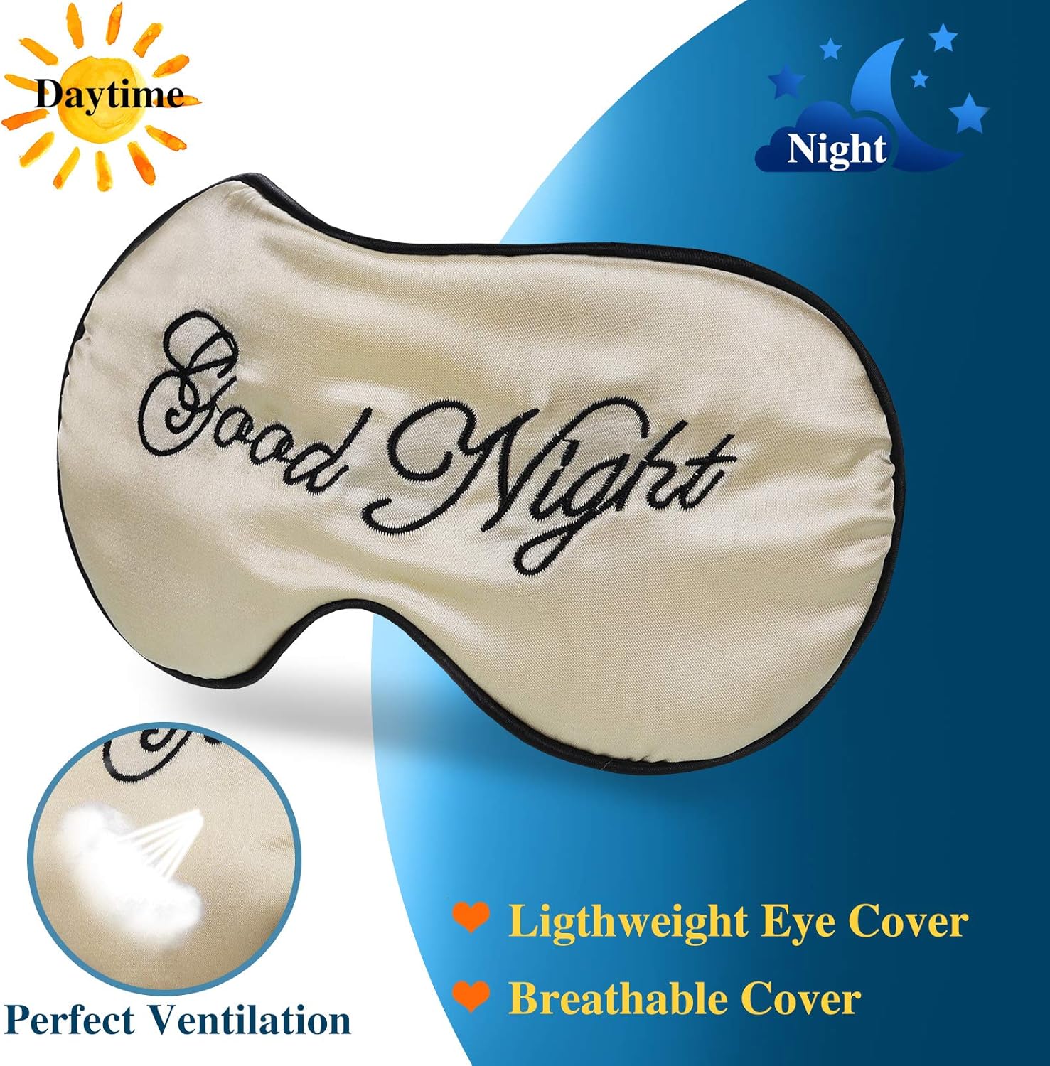 2 Stück Seiden-Schlafmaske, Augenabdeckung, leicht verstellbare Augenschirme, Maske, Satin, schlafende Augen, blinde Nacht-Lidschatten-Abdeckung mit 2 Stück Aufbewahrungsbeuteln (Beige, Schwarz) – Bild 3