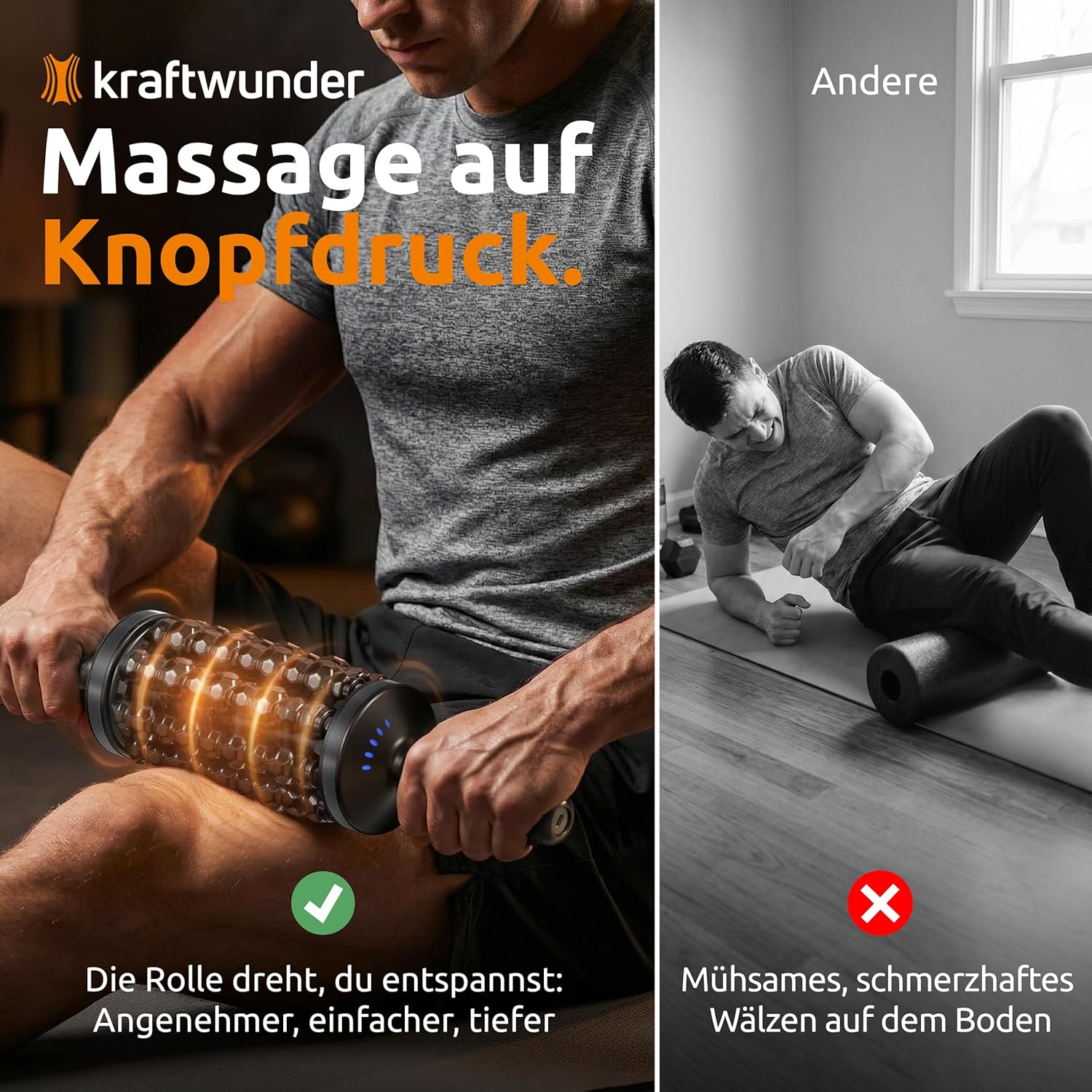Elektrischer Faszienroller – 8 rotierende Rollen mit Klopfmassage statt Bodengymnastik – Elektrischer Massageroller mit Griff & Fußstation – Tiefenroller für Rücken, Nacken & Beine (Schwarz) – Bild 2