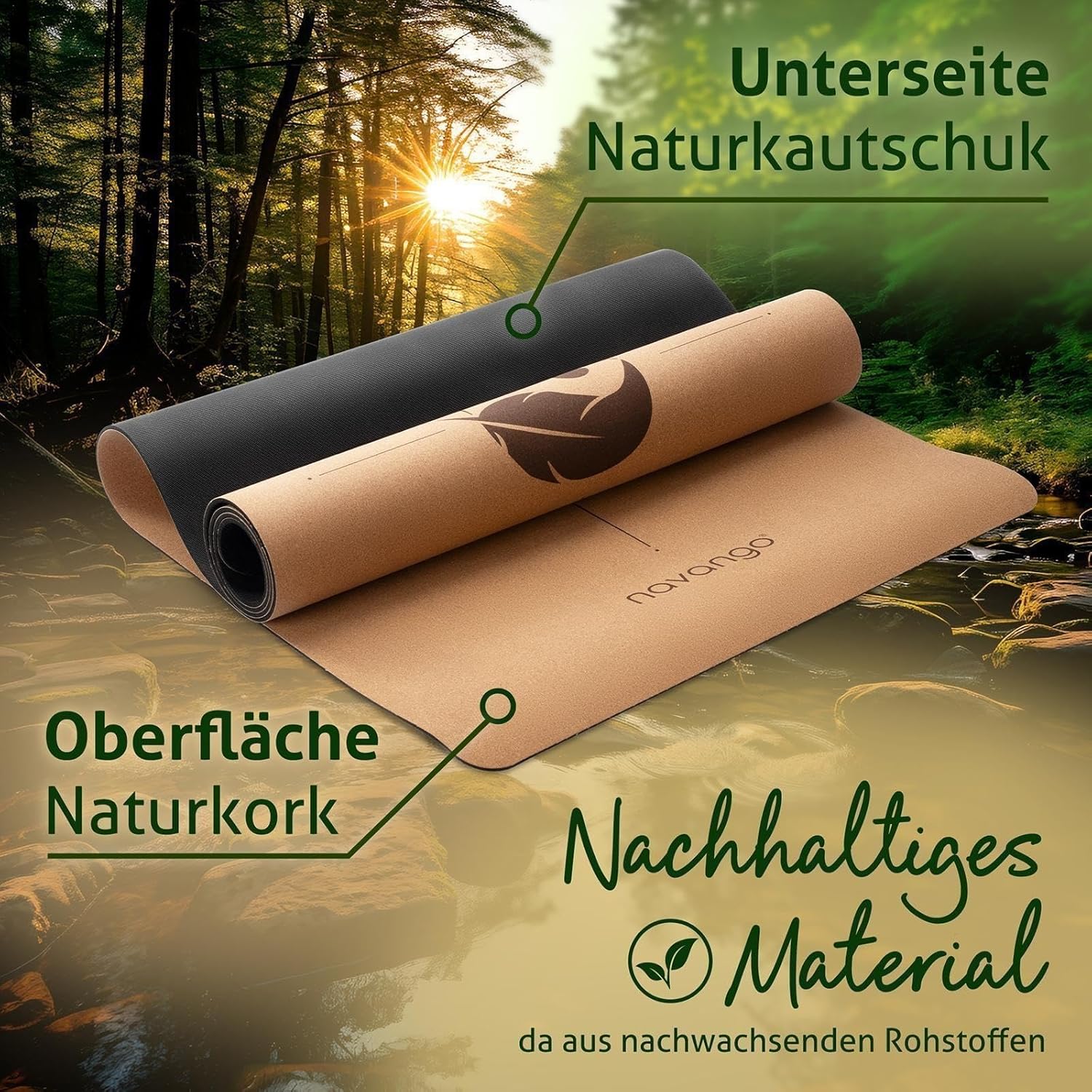 Yogamatte aus Kork | Inklusive Yogagurt | 4 mm dick | Natürliche dünne Yogamatte aus Naturkautschuk und Kork | Mit Hilfslinien | Yogamatte rutschfest und schweißfest | Yoga-Set-Tragegurt – Bild 4