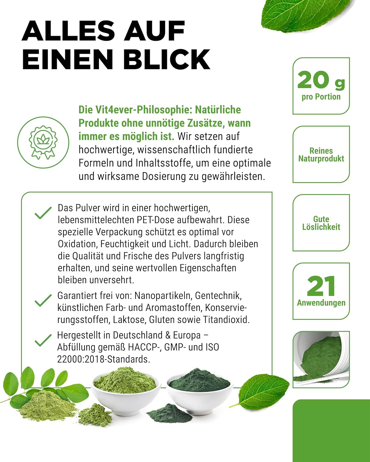 vit4ever Superfood Mix Pulver – 420 g mit 6 Superfoods (Gerstengras, Spirulina, Chlorella, Moringa, Maca & Guarana) – natürliches Zitronenaroma – Bild 4