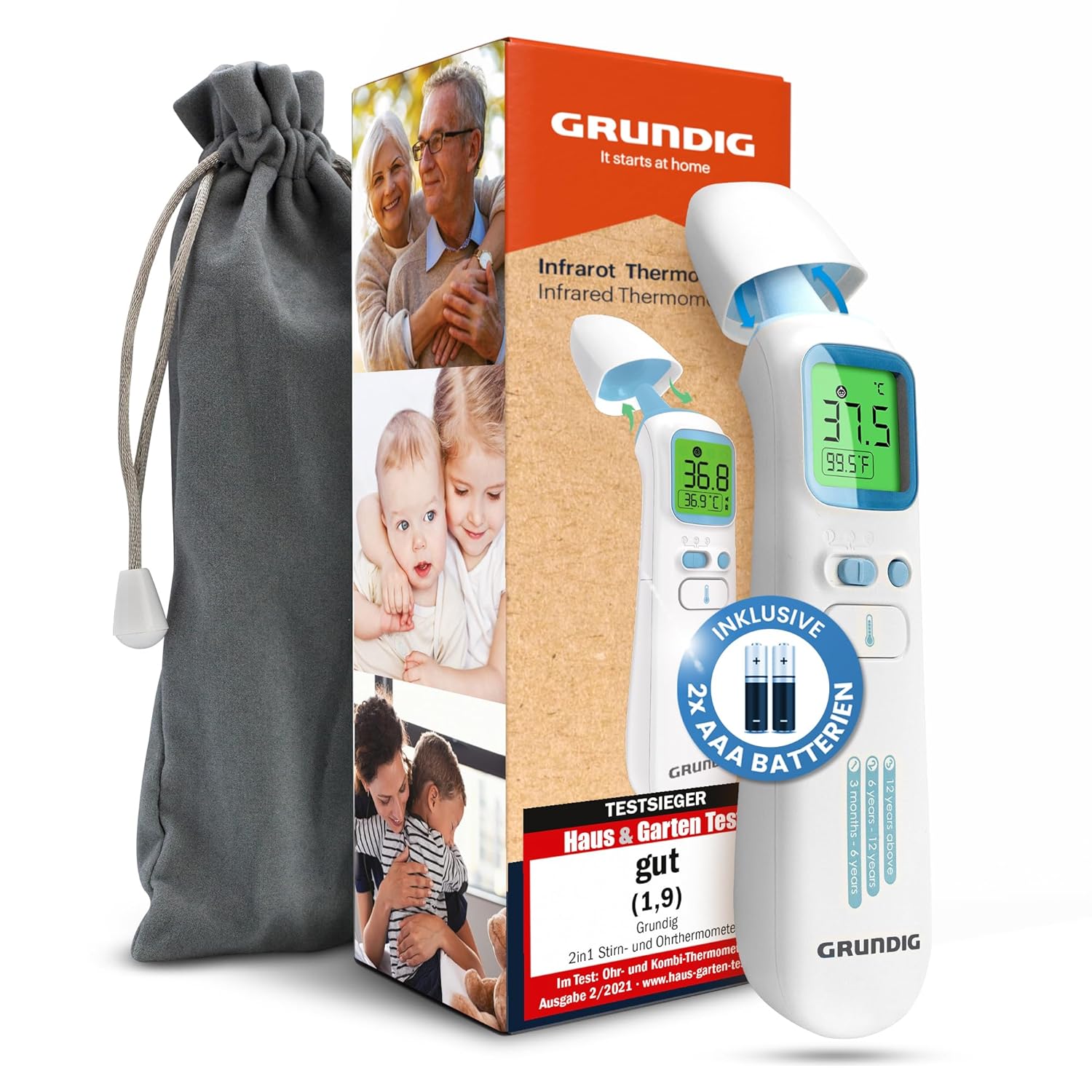 GRUNDIG Fieberthermometer Testsieger – Keine Folgekosten – Thermometer für Babys, Kinder, Erwachsene – Hochpräzises kontaktloses und digitales Fieber an Ohr, Stirn und Gegenständen (inkl. Batterien)