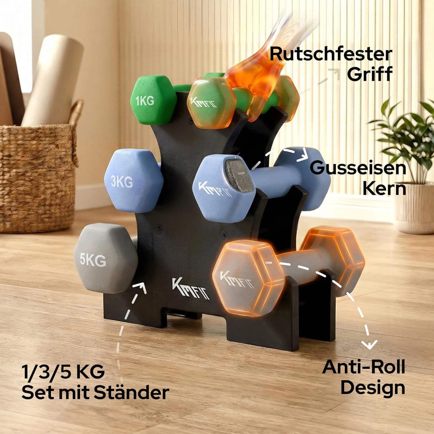 KM-Fit Hantelset 18 kg mit Ständer, Neoprenhanteln 1-5 kg, Gusseisen, ergonomischer Griff, rollsicheres Fitness- & Krafttraining für das Home Gym – Bild 2