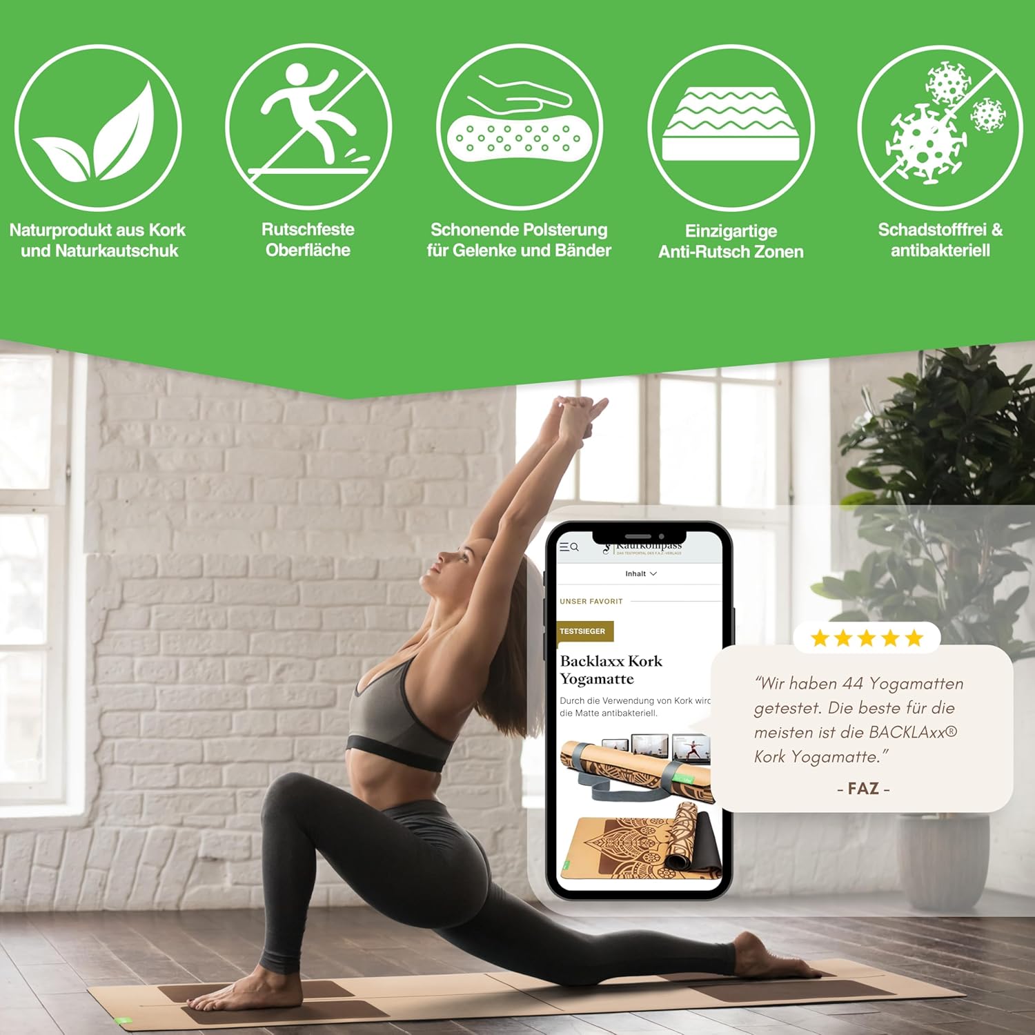 BACKLAXX ® Yogamatte Kork mit Naturkautschuk – FAZ-Testsieger 08/2024 – Yogamatte nachhaltig, schadstofffrei, Yogamatte rutschfest, Fitnessmatte mit Anti-Rutsch-Zonen inklusive Tragegurt, Gymnastikmatte – Bild 2