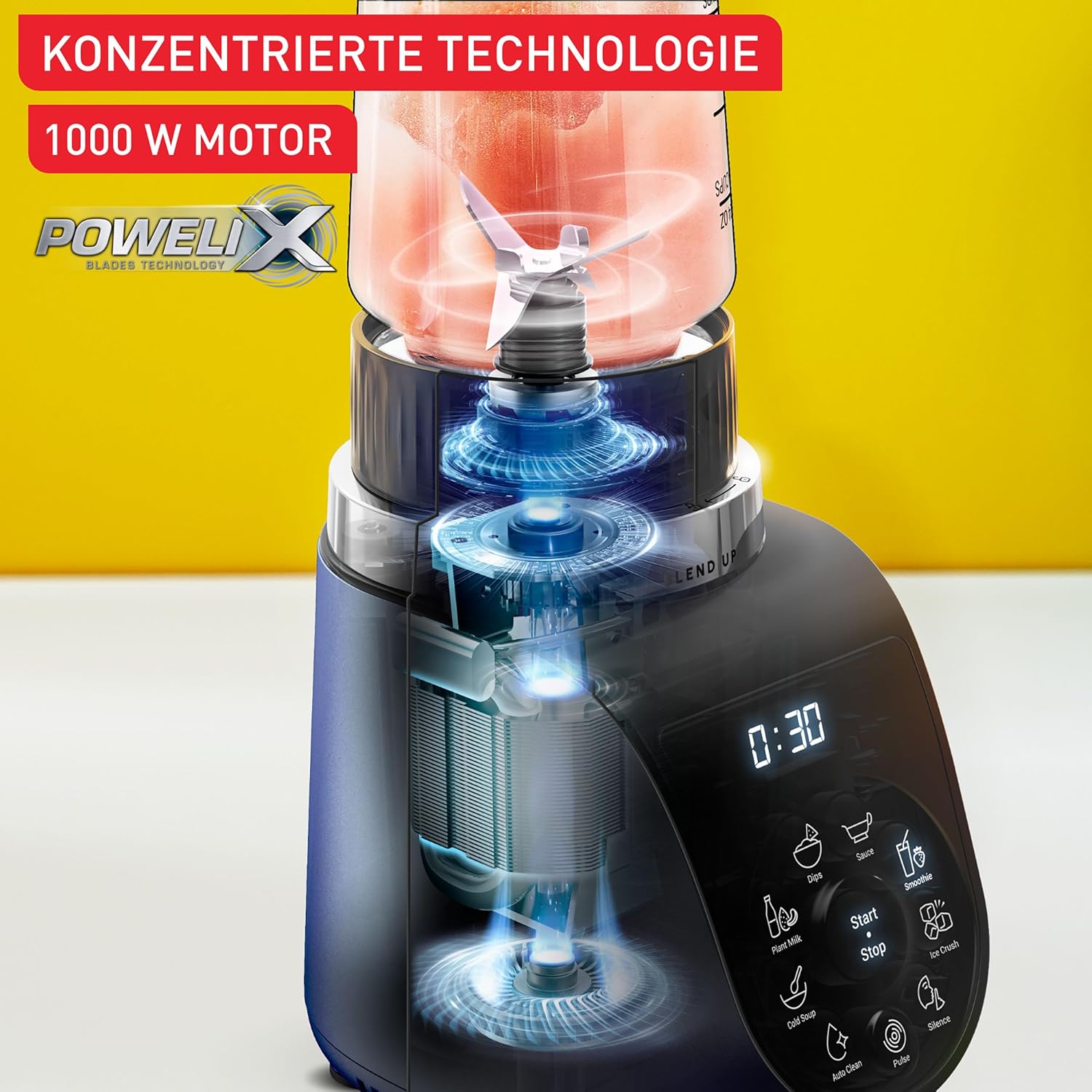 Tefal Blend Up BL19H4F0 Mini-Mixer, 8 Automatikprogramme, Pulse-Funktion, abnehmbare Powelix-Klingen, inklusive 2 On-the-Go-Flaschen (400 + 700 ml), Silence-Modus, kompaktes Design, 1000 Watt, blau – Bild 4