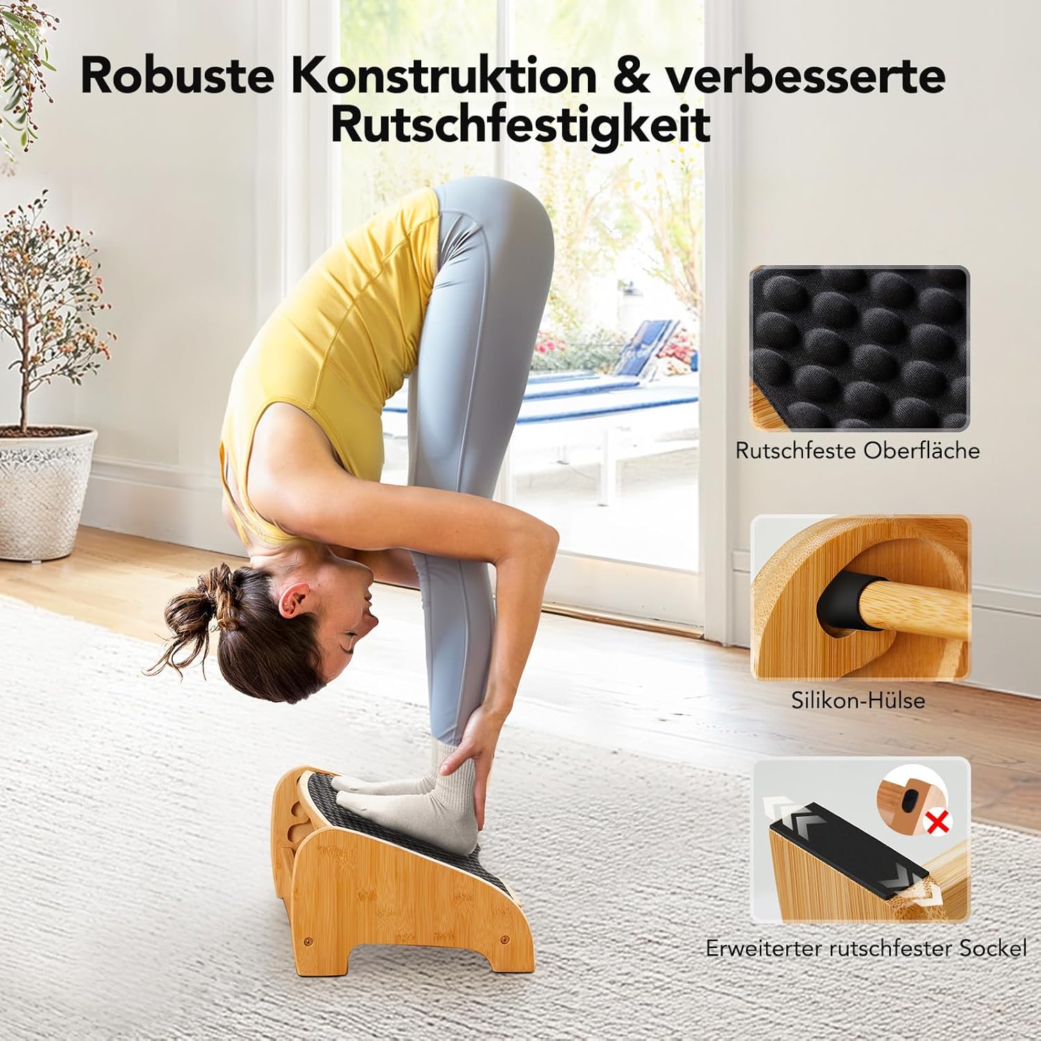 HUANUO Schreibtisch mit Fußstütze aus Bambus, ergonomisch mit 4 Höhen und verstellbaren Winkeln, Kieselstein-Massageoberfläche, rutschfeste Fußstütze unter dem Schreibtisch, verbessert die Arbeitshaltung, Zuhause und Büro – Bild 6