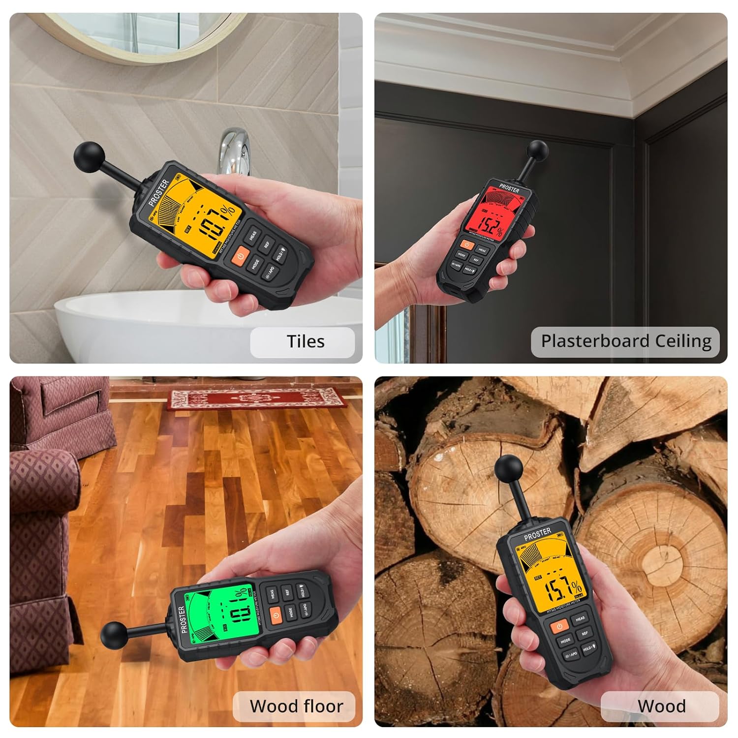 Proster Wiederaufladbares Feuchtigkeitsmessgerät für Wände – visueller und akustischer Alarm, 5 Modi mit Index, 3-Farben-LCD, für Holz, Beton, Putz, Mauerwerk und mehr, ideal für Bauarbeiten – Bild 6