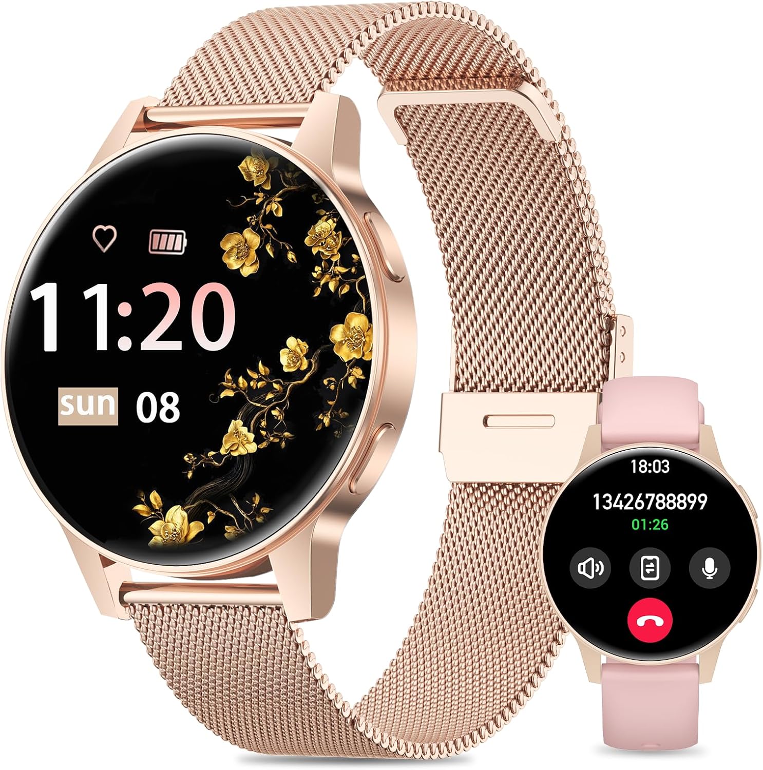 SLOKSFil Damen Kleine Smartwatch mit Telefonfunktion, 1,27 Zoll TFT Touchscreen Fitness Tracker mit 24/7 Herzfrequenzmesser Schlafmonitor 120+ Sportmodi Schrittzähler Smart Watch rund für iOS/Android (Roségold)