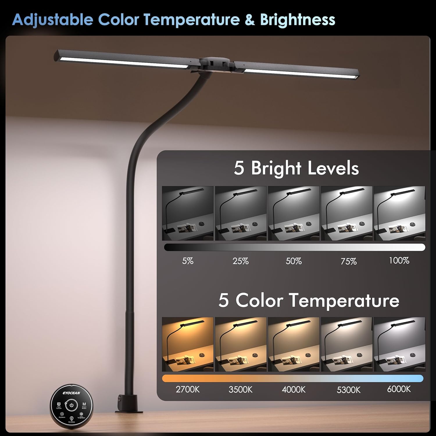 EYOCEAN Schreibtischlampe, Doppelkopf-Schreibtischlampe, Klemmbar, 16 W 72 cm, Tageslichtlampe Schreibtisch mit Fernbedienung, Dimmbare Monitorlampe, Schwanenhals-Büro-Tischlampe, Augenschutz-Klemmlampe – Bild 5