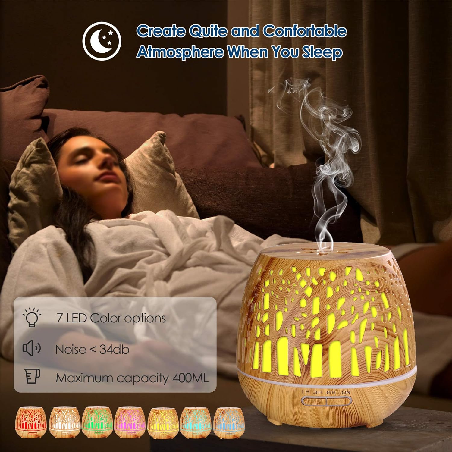 Simpeak Aromadiffusor 400 ml, LED-Ultraschall-Duftdiffusor mit Fernbedienung, Aromatherapie-Diffusor für ätherische Öle, tragbar, kompatibel für Zuhause, Yoga, Büro, Spa, Schlafzimmer, geschnitzter Wald – Bild 3