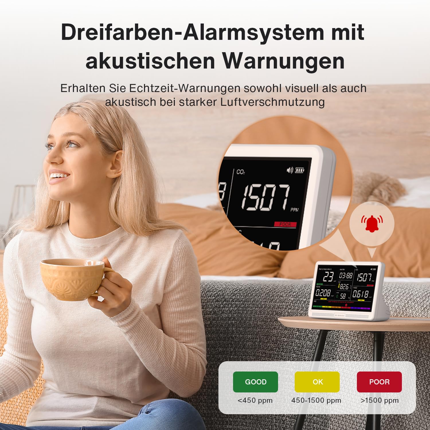 bonoch 16-in-1 Luftqualitätsmessgerät, Luftmessgerät, 9 AQI + 7 AQI-Warnungen, Luftqualitätsmonitor für CO2, TVOC, PM2,5, PM1,0, PM10, HCHO, Temperatur, Luftfeuchtigkeit, AQI und Zeit, Luftqualitätsmonitor – Bild 4
