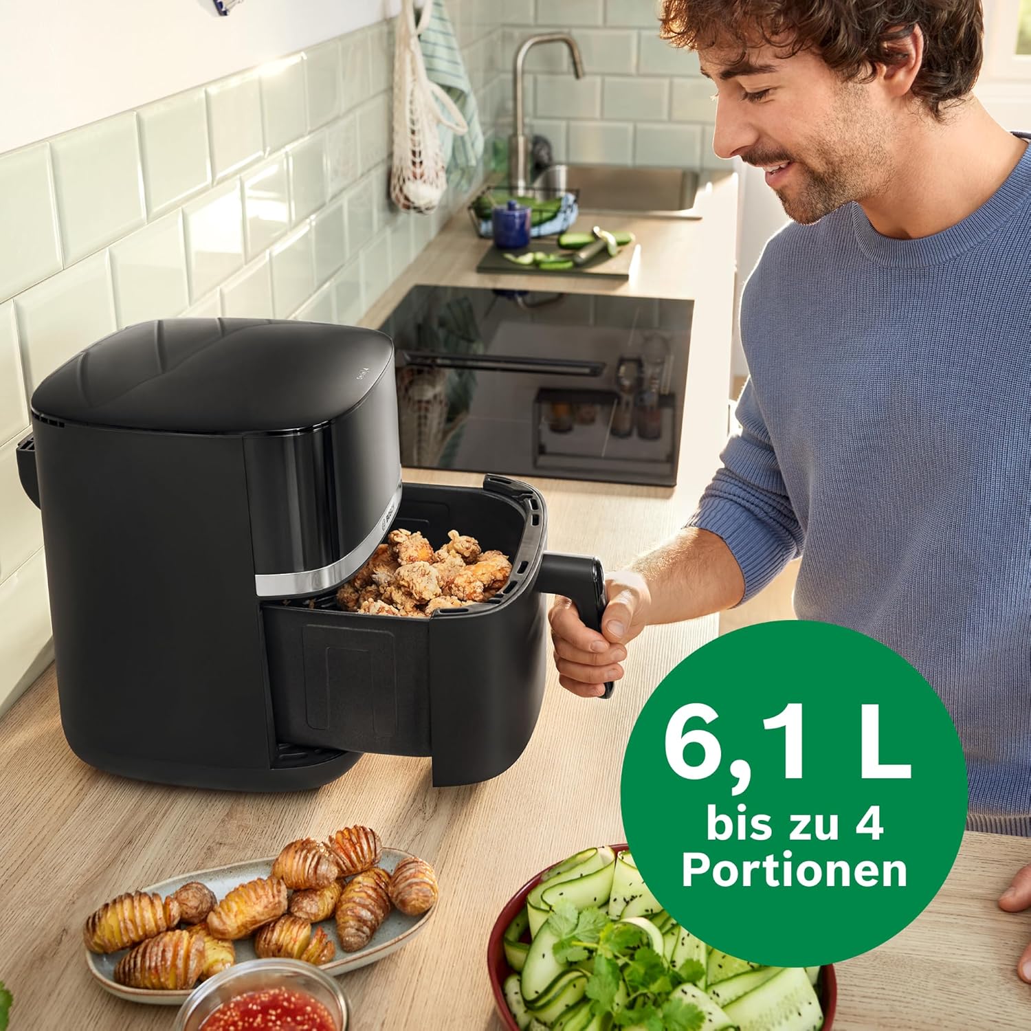 Bosch Heißluftfritteuse Serie 4, XL-Luftfritteuse, Schwarz, 6,1 l Fassungsvermögen, 7 Voreinstellungen, Auftau- und Warmhaltefunktion, Touchscreen, bis zu 60 % schnelleres Garen, MAF462B0 – Bild 4