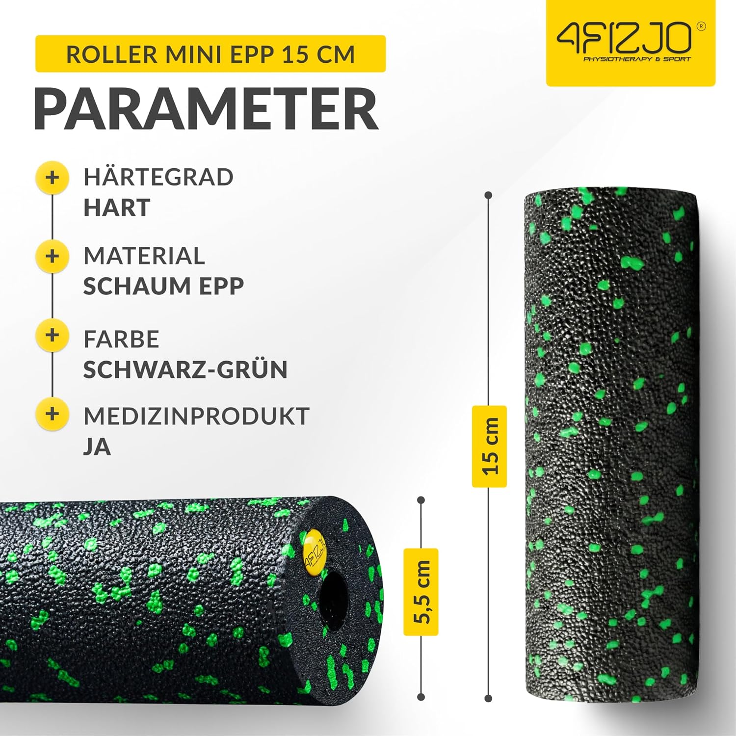 4FIZJO Faszienroller Schaumstoff, Durchmesser 5,5 cm, Länge 15 cm, Massagerolle, Rückenrolle, Fitnessrolle, leicht, hart, Schaumstoffrolle, Faszientraining, Massagetraining, Schwarz/Grün – Bild 3